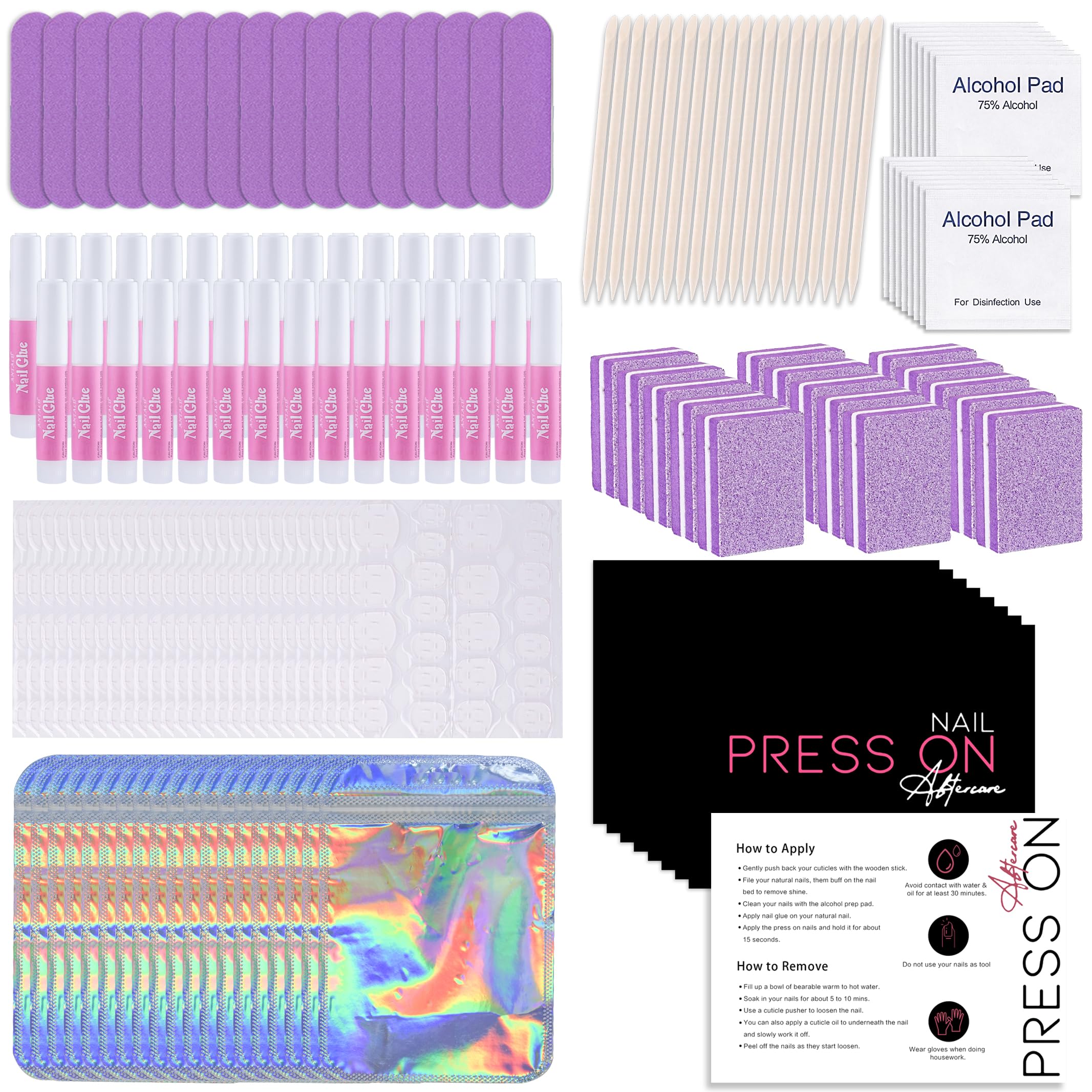 50 Set Press On Nail Tool Prep Kit for Salon Business, Disposable Manicure Kit with Nail File, Buffer, Glue, Prep Pad, Instruction Card, Adhesive Tabs