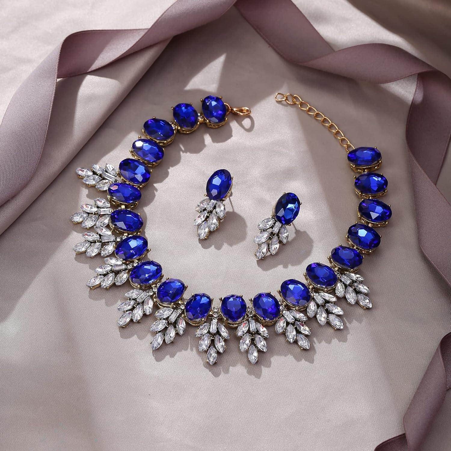 EVER FAITH Costume Crystal Marquise Statement Jewelry Set, Vintage Oval Rhinestone Choker Pendant Necklace Earrings Set for Women - Image 4