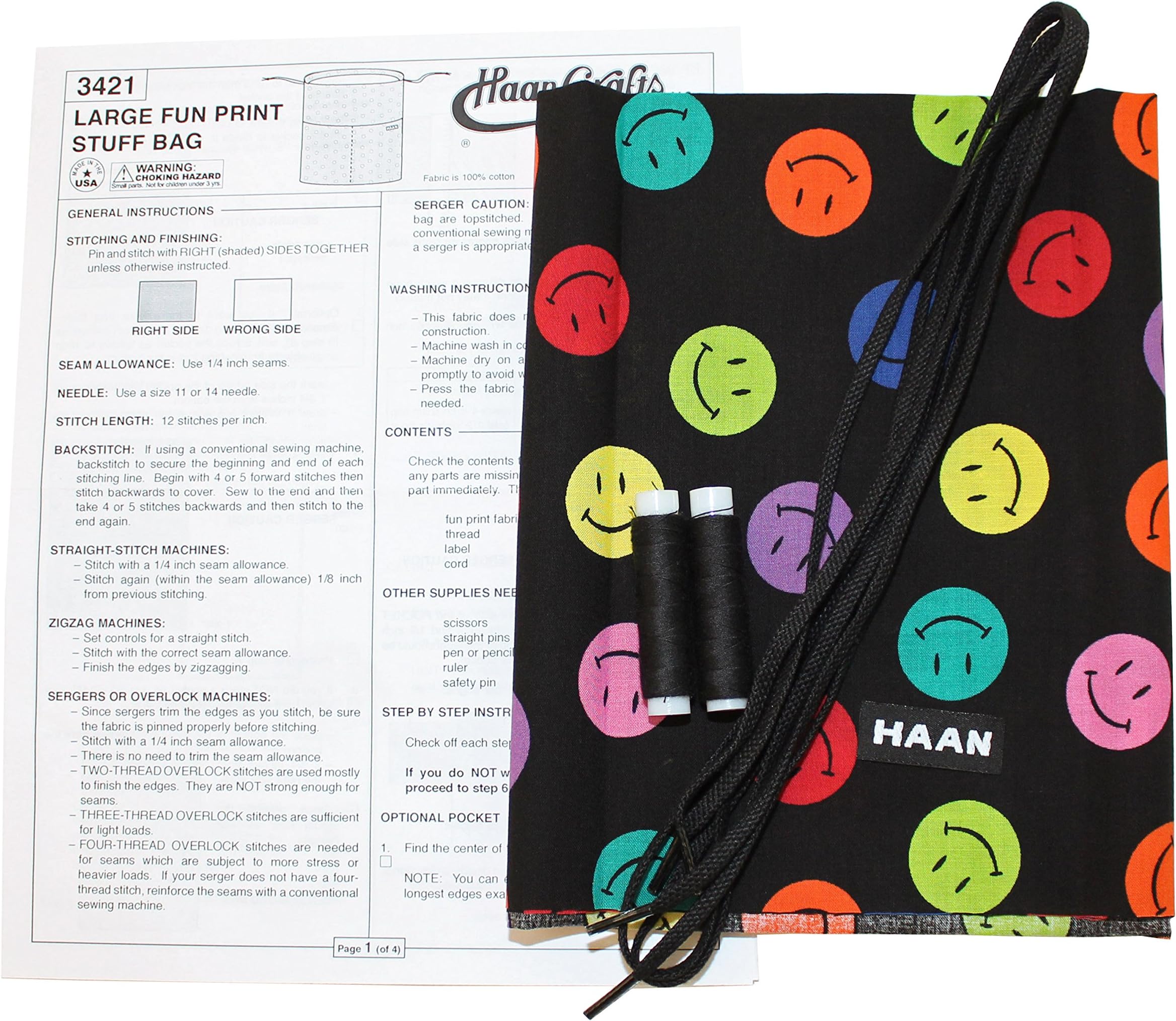 Haan Crafts Fun Print Stuff Bag Sewing Kit, Smiley Faces