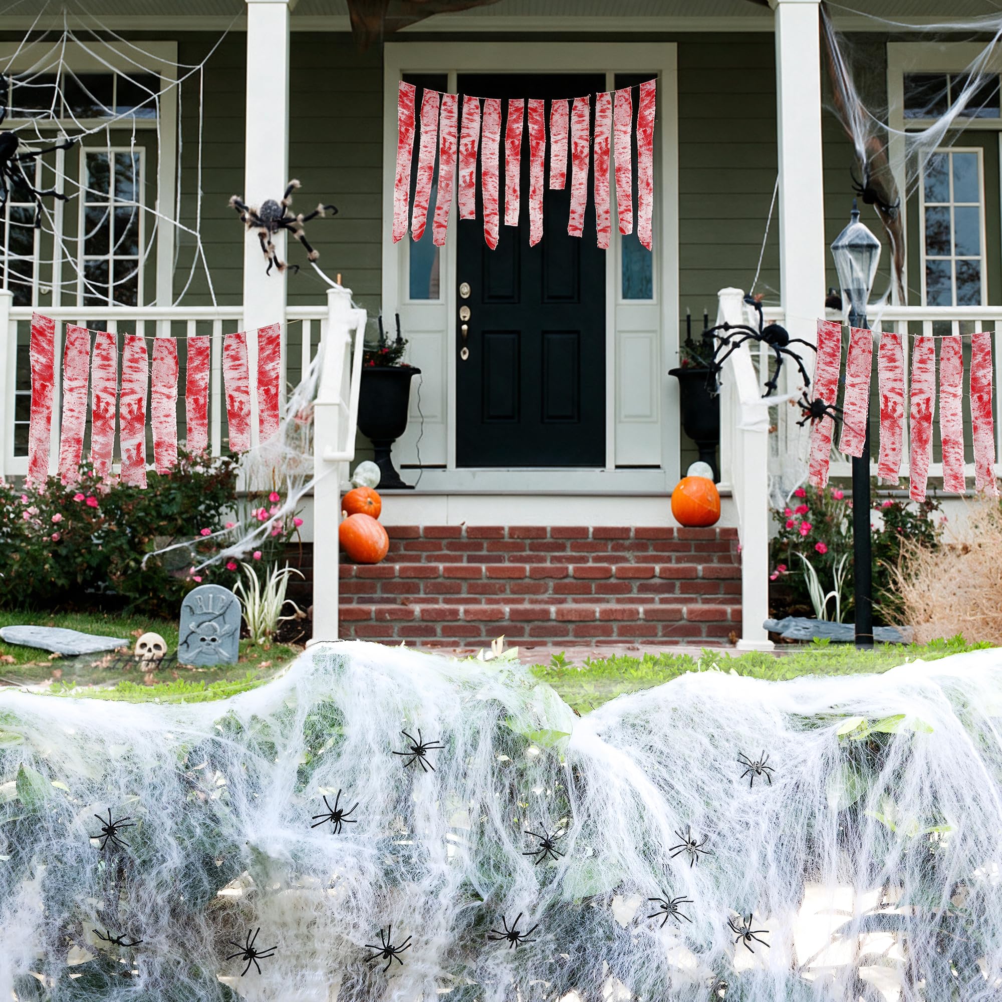 Halloween Cobweb Bloody Creepy Cloth Decorations Packs Set – 10m Blood Gauze + 100g Cobwebs Spider Web+ 30 Fake Spiders – Haunted House Indoor Outdoor Garden Halloween Cobweb Decorations