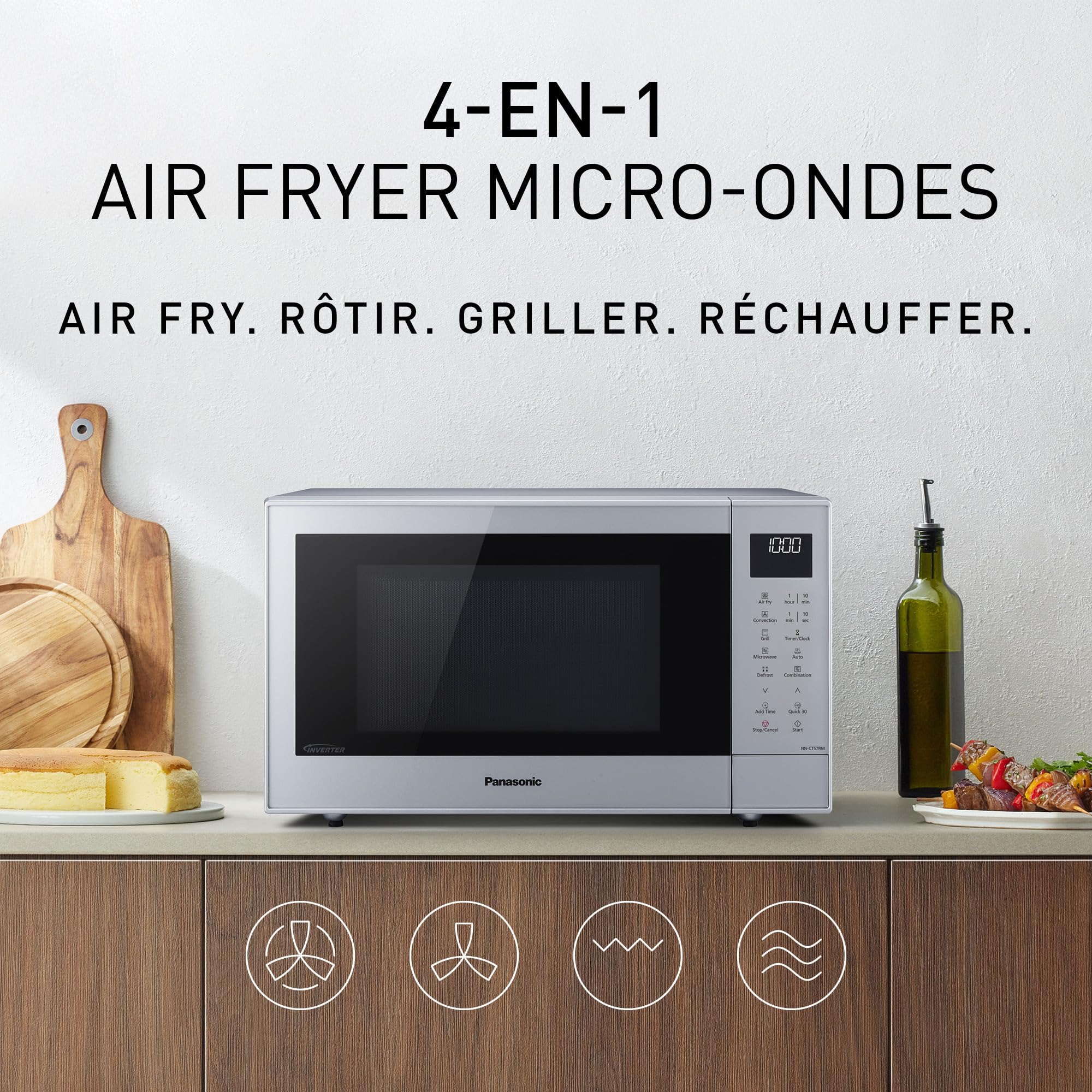 Panasonic NN-CT57RMEPG Four à Micro-Ondes combiné 4-en-1, 27 L avec mode Airfryer, Inverter 1000 W, Gril 1300 W, Chaleur Tournante, 19 Programmes Automatiques, panier de cuisson airfryer, Argenté