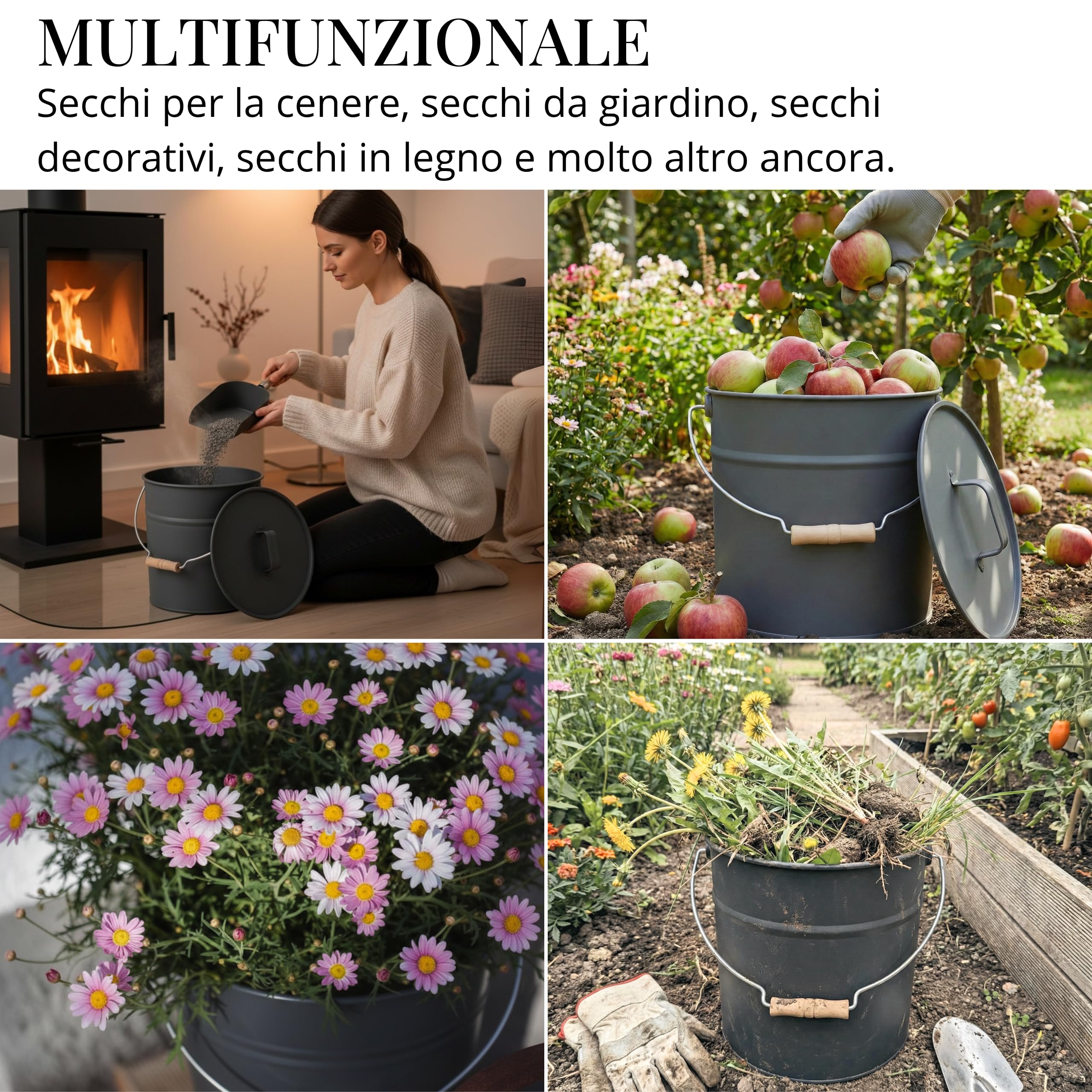 Livlig53 LIVLIG - Secchio in metallo con coperchio, secchio da giardino zincato e secchio per cenere in metallo robusto, elegante secchio con coperchio e manico in legno, qualità premium dall'Europa