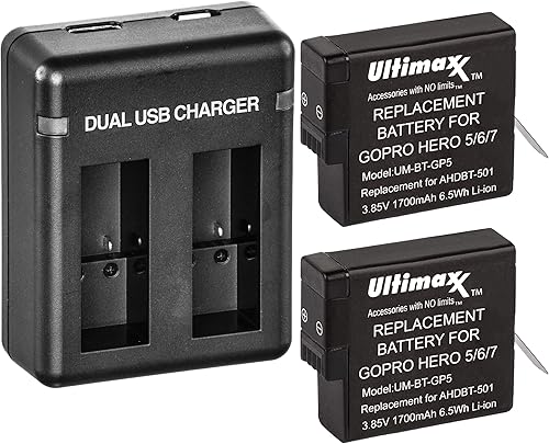 Miniatura 5 de Ultimaxx Dual USB Battery Charger for GoPro HERO 5, 6, 7, & 8 Batteries with 2x Extended Life Replacement Batteries (1700mAh / 3.85V / 6.5Wh) for