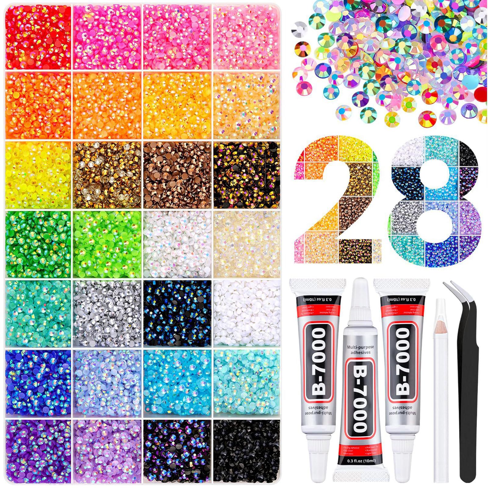 28000PCS Rhinestone Kit with 28 Colours AB Crystal Flatback Gems - Bedazzling Craft Set with Dotting Pen and Tweezers - for Nail Art, Clothing, Phone Cases, Tumblers and DIY Projects (28 Colours)