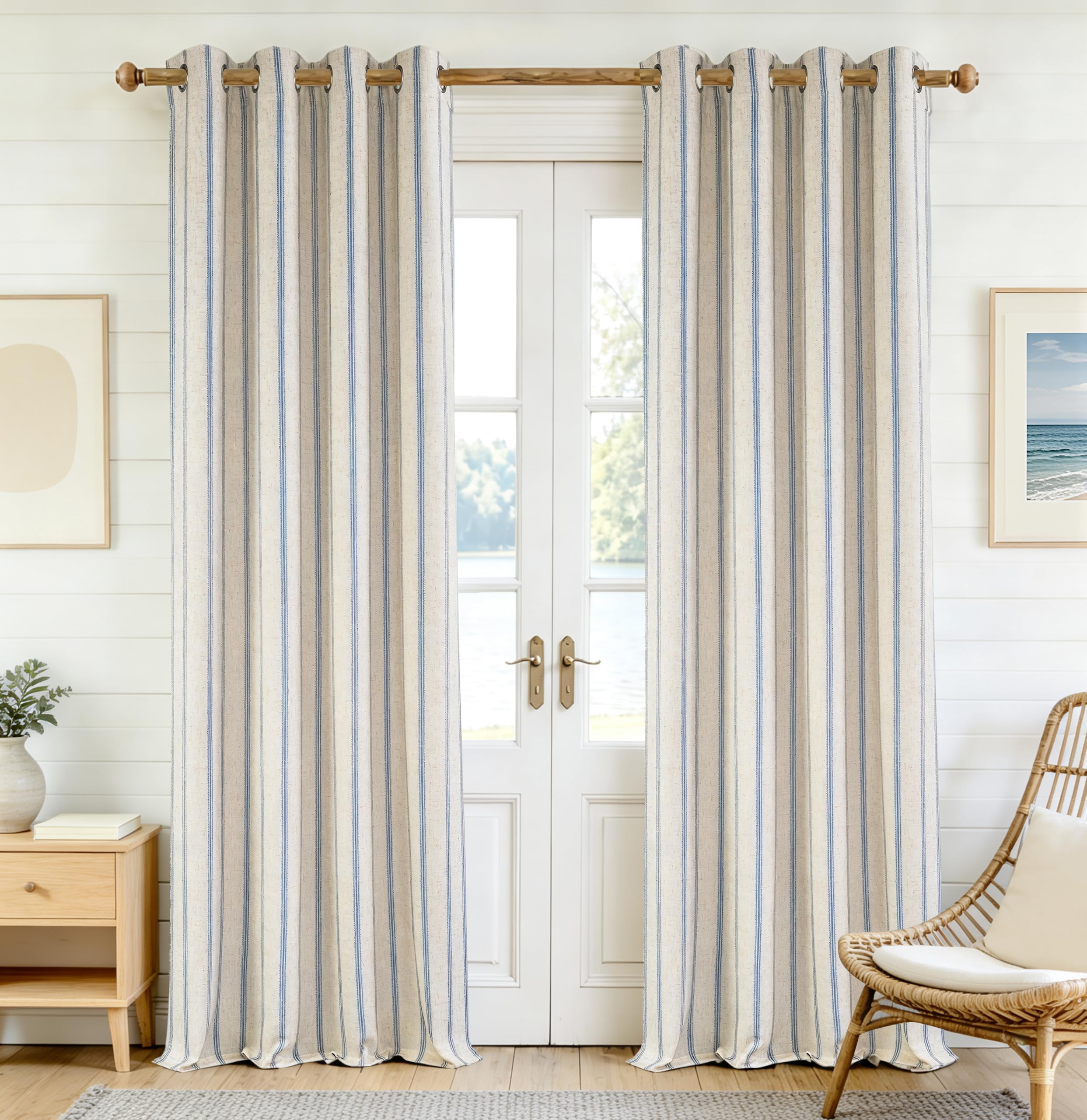 Driftaway Navy Stripe-Grommet Farmhouse Linen Blend Blackout Curtains 96 Inches Long For Bedroom Vertical Striped Printed Linen Curtains Thermal Insulated Lined Treatments For Living Room 2 Panels W52 X L96 Navy