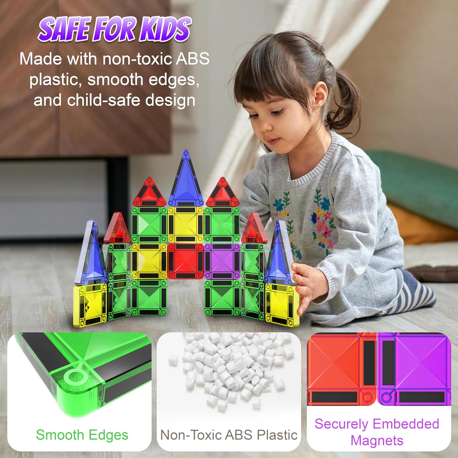 Desire Deluxe Micro Magnetic Tiles Building Blocks Toy - STEM Educational Travel Size Magnetic Blocks for Kids, Learning Sensory Montessori Toddler Magnetic Toys 3+ YO (Glitter, 18pc) - Image 3