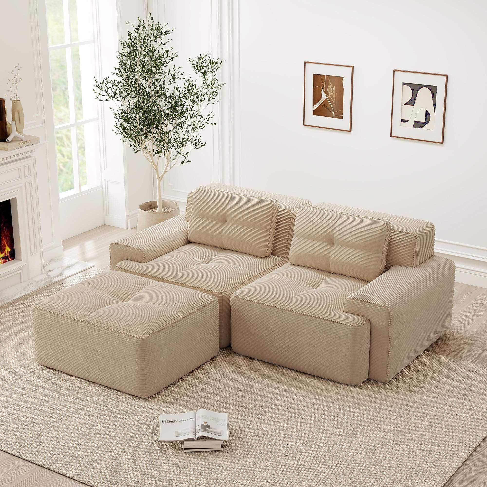 Canapé d'angle convertible, 204 cm Canapé 2 places en L, compressible canapé modulable Cloud avec assise profonde, canapé confortable et librement combinable pour le salon, velours côtelé, Beige