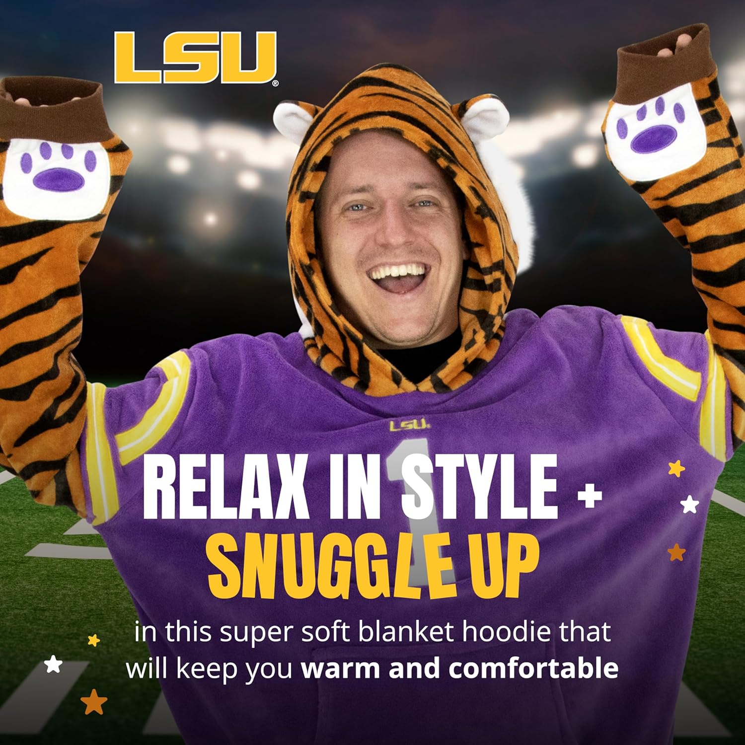 Plushible Wearable Blanket Hoodie - Oversized Louisiana State University Mike the Tiger Long Sleeve Sweatshirt Pocket - 2-in-1 Oversized Hoodie Blanket Pillow - Cozy Snugible Gifts for Men and Women