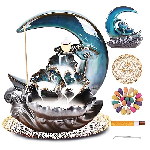 Zvaiuk New Moon Backflow Incense Holder, Ceramic Hand-Made Incense Fountain Burner with 100 Backflow Incense Cones,Fragrance Incense Stick,Mat,Aromatherapy Home Decoration