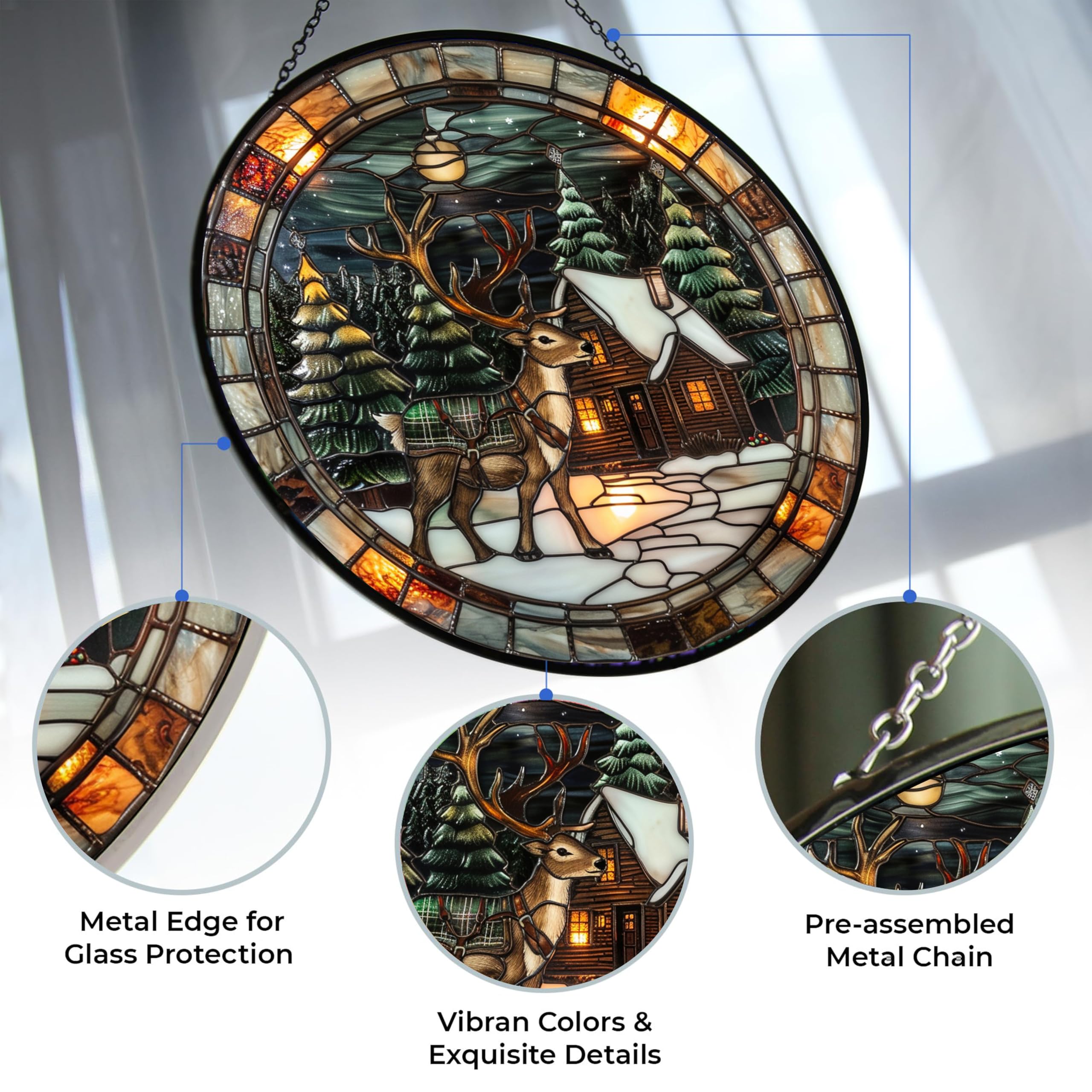 365CUSGIFTS Rustic Christmas Reindeer Stained Glass Window Hanging, Stained Glass Suncatcher for Women, Window Decor Perfect Home Décor