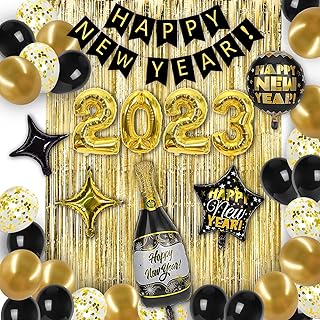 Party Spot! New Years Eve Party Supplies, Happy New Year Decorations 2023 Black and Gold, Happy New Year Decorations Kit - 2023 Foil Balloons, Banner, Foil Balloon, Balloon, Fringe Curtains