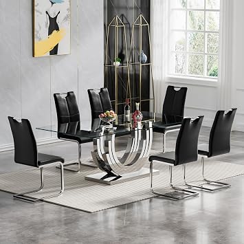 Glass Dining Table Set for 6, Clear&Silver Glass Dining Table with Stainless Steel Pedestal & 6 Black Leather Dining Chairs, 70" Rectangle Dining Room Table and Chairs Set, 7 Piece Kitchen Table Set