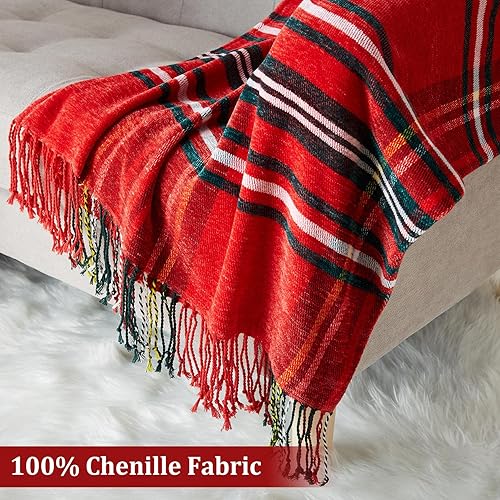Miniatura 5 de CAROMIO Manta de felpilla a cuadros navideños para sofá, color rojo y verde, manta de punto suave con flecos y borlas para el hogar, sofá, silla y