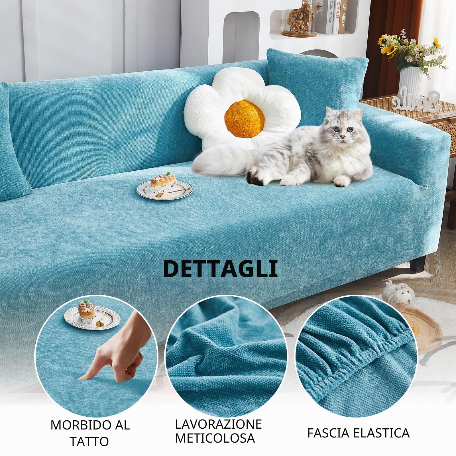 Copridivano Ad Alta Elasticità Copri Divani Moderno Antiscivolo Poliestere Jacquard Elastico Copridivano Per Soggiorno Protettore Per Cani Animali Domestici (3 Seduta, Blu cielo)