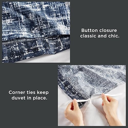 Miniatura 7 de Hyde Lane Funda de edredón para hombre, tamaño Queen, color azul, moderno, estampado estético, de mezclilla, patrón de líneas a cuadros, juego de