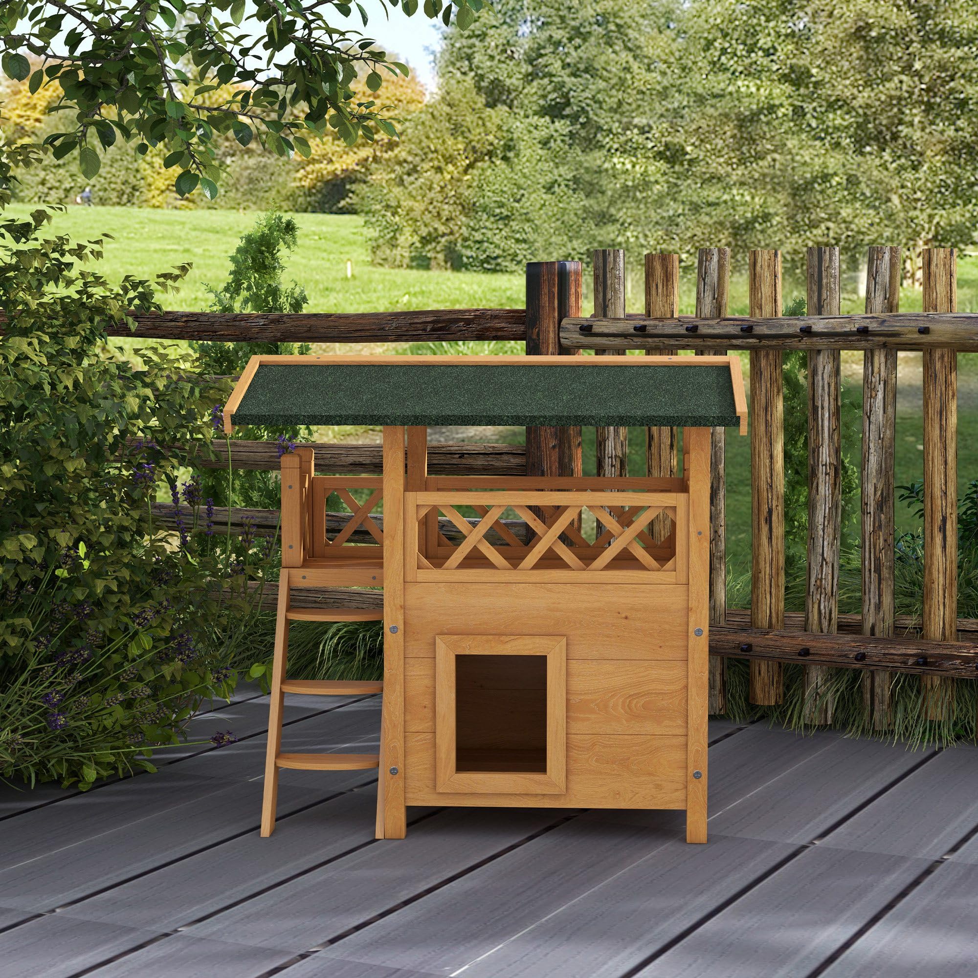 PawHut Casa para Gatos de Madera 77x50x73 cm de 2 Niveles con Techo Asfáltico, Escalera y Balcón para Exterior Natural