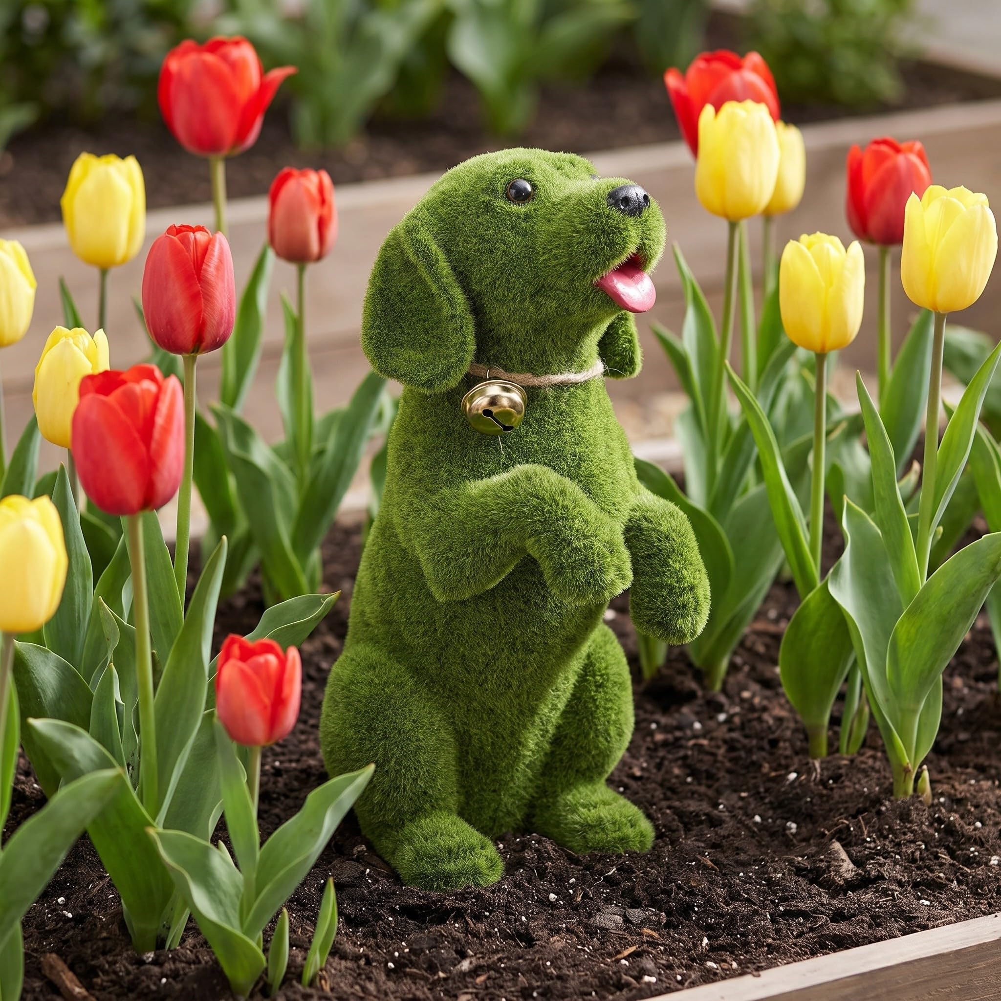 Kisangel Statua di cane floccata: scultura decorativa di cane in piedi con campanellino - Statua realistica di piccolo animale floccata per giardino, patio, cortile e spazi esterni.