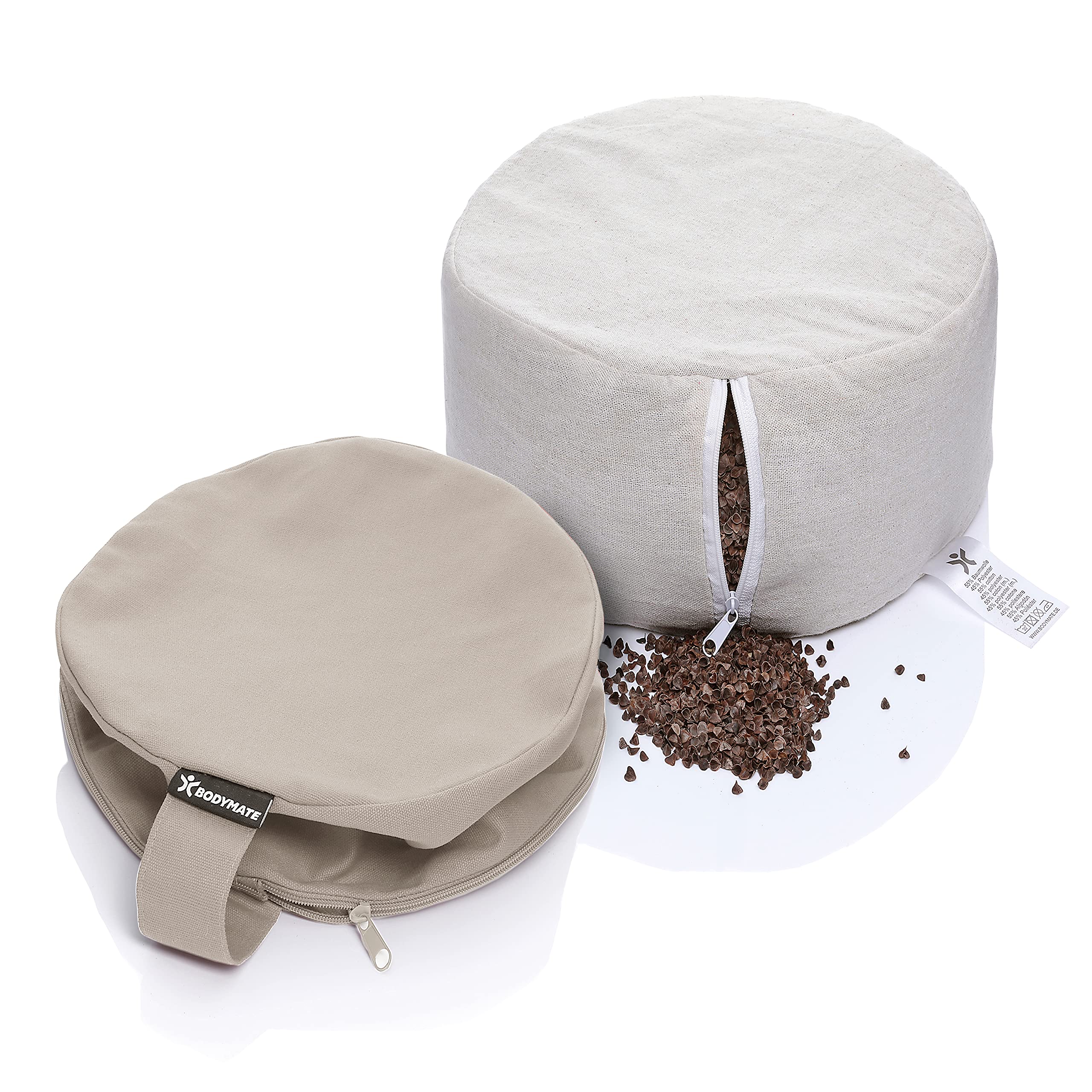 BODYMATE Cojín de yoga extra alto, redondo, 31 cm de diámetro, 20 cm de alto, relleno de piel de trigo sarraceno, funda lavable a máquina de 100% algodón extragrueso, cojín de meditación, cojín de