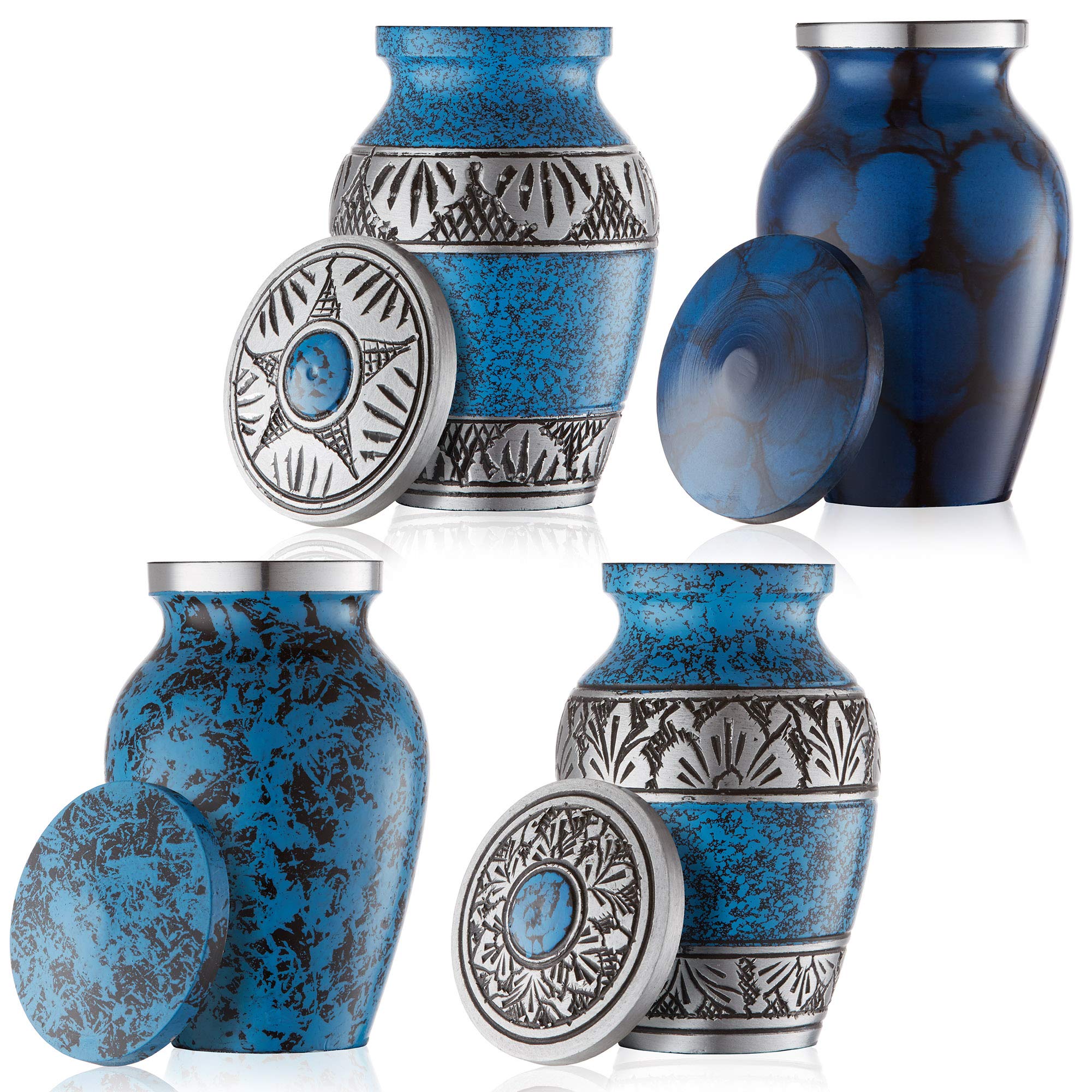 Reminded - Set di 4 mini urna per ceneri umane, colore: blu e argento con custodia in velluto