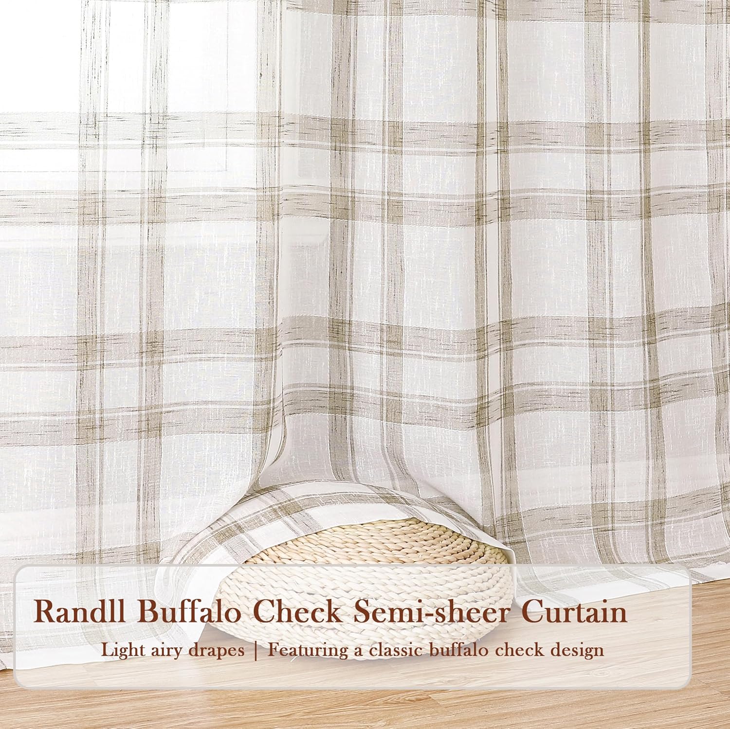 Randall Buffalo Plaid Semi Sheer Curtains for Living Room Linen-Look Geometric Light Filtering Dining Room Window Drape for Farmhouse Bedroom Study Room,Brown/White,54x84 inch Long,2 Panels