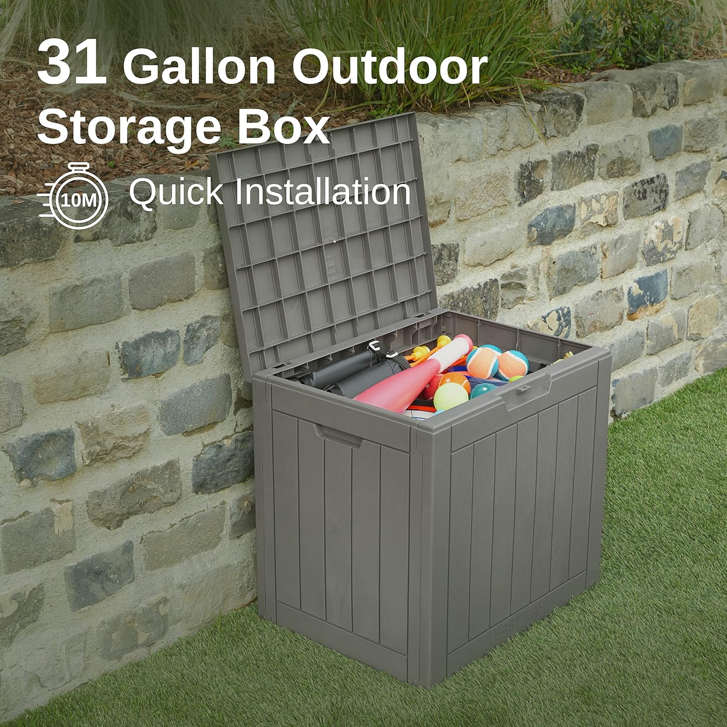 EAST OAK Deck Box, 31 Gallon Indoor/Outdoor Storage Box with Lockable Lid for Patio Cushions, Pool Accessories, Toys, Gardening Tools, Sports Equipment, Waterproof and UV Resistant Resin, Grey : Everything Else