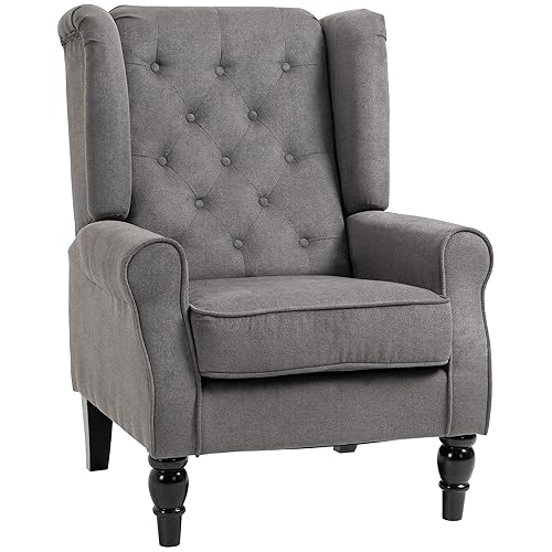 HOMCOM Fabric Accent Chair, Button Tufted Armchair, Upholstered Modern Living Room Chair, Wingback Chair with Wood Legs, Rolled Arms, Thick Padding for Bedroom, Charcoal Grey - Charcoal Grey