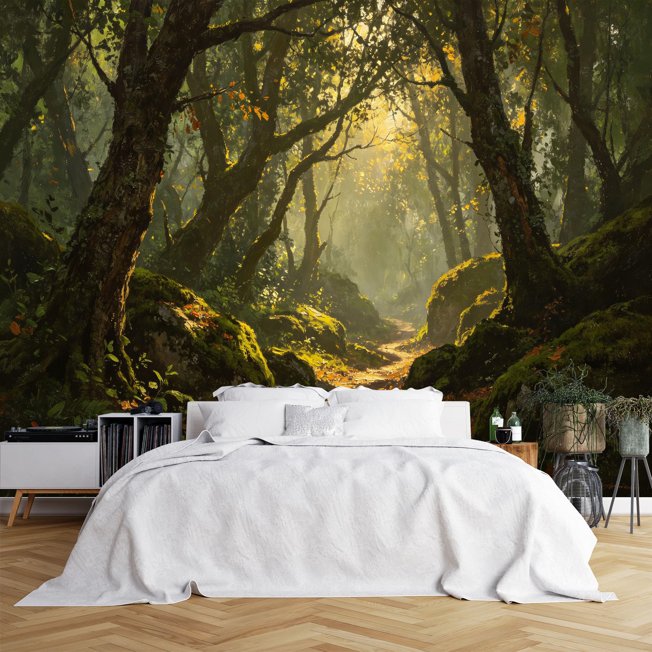 Custom Size Wall Murals Sunlit Misty Forest Path with Mossy Trees Wall Murals, Large Photo Wallpaper Self-Adhesive Removable Wallpaper for Living Room