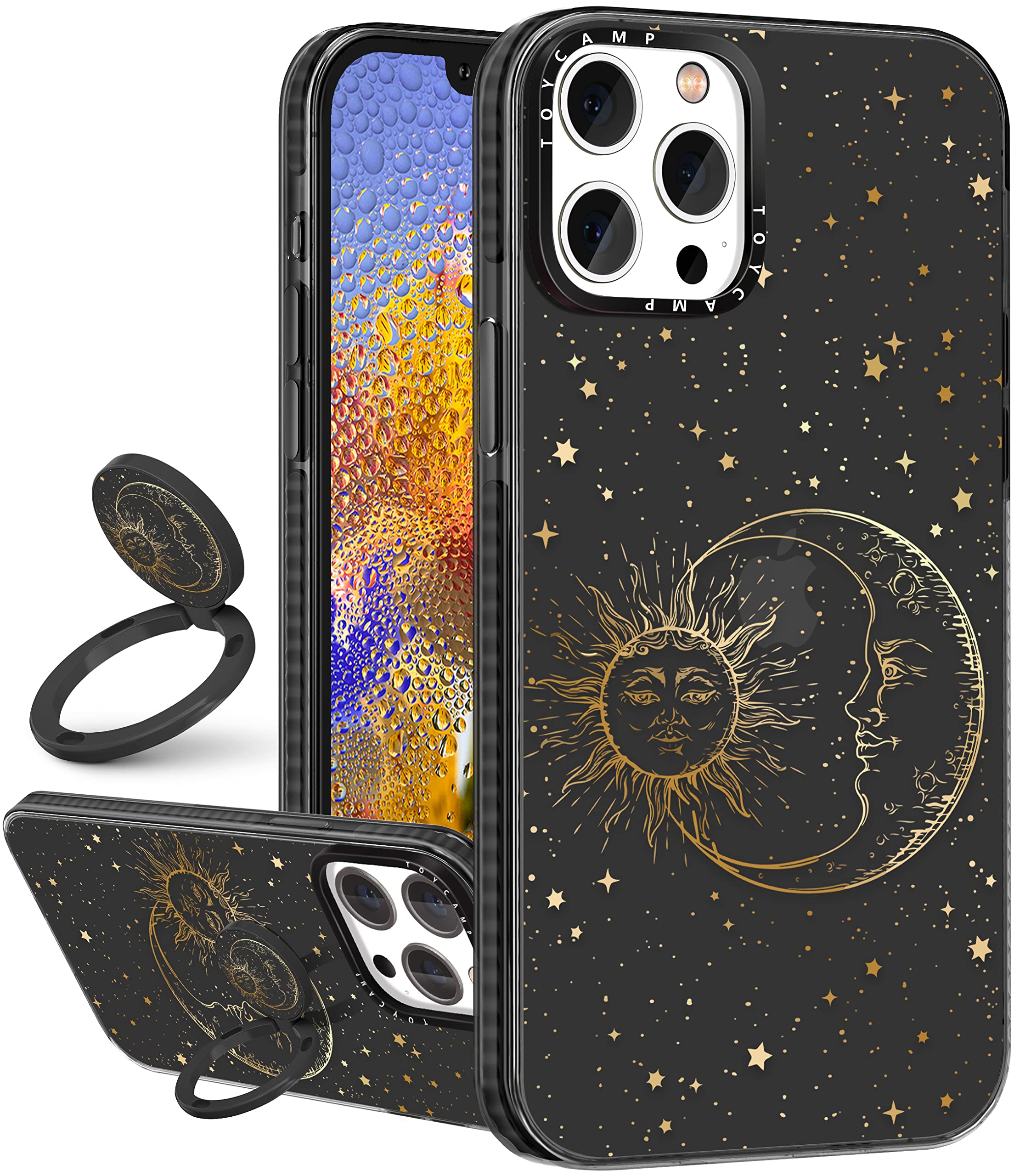 Toycamp for iPhone 12 Pro Max Case, Sun Moon Stars Design for Women Mens Girls Boys Teens Cool Fantasy Glitter Print Case with Ring Kickstand Cover for iPhone 12 Pro Max (6.7 Inch), Black