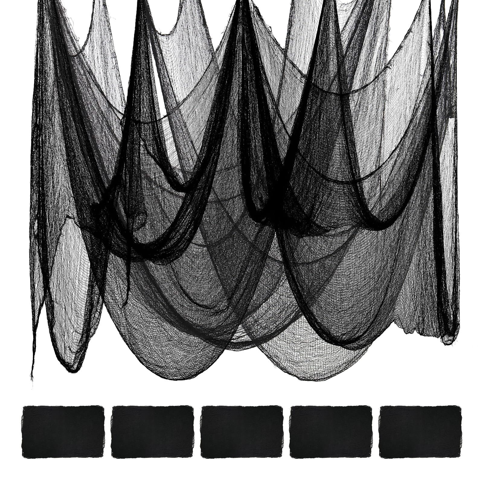 5 piezas de tela negra espeluznante para Halloween, de 30 a 80 pulgadas, para decoración de Halloween, decoraciones espeluznantes y embrujadas para el hogar, interiores y exteriores, gasa de miedo, suministros para fiestas, tela hecha a mano para ventanas y techos.