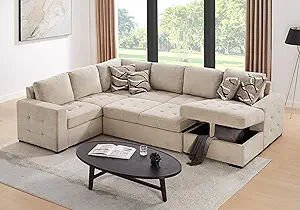 THSUPER Sectional Sleeper Sofa with Pull Out Bed and Storage Chaise, U Shape Sectional Sofa Bed, Oversized Sectional Sleeper Couch for Living Room Beige