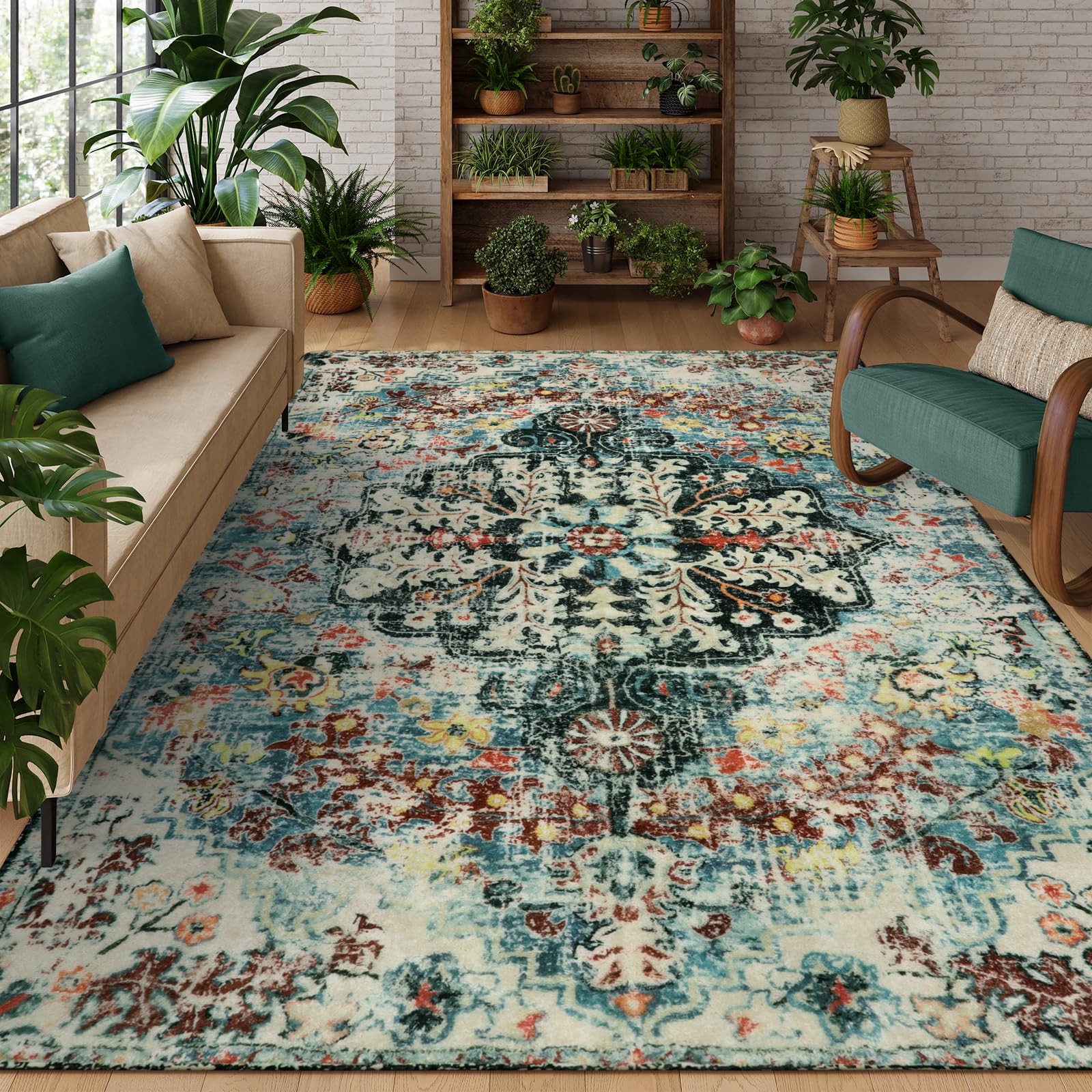 Lahome Area Rugs 9x12 Living Room Boho Washable Rugs 9x12,Large Boho Rugs for Bedroom Dining Room,Floral Soft Non-Slip Printed Low Pile Throw Indoor