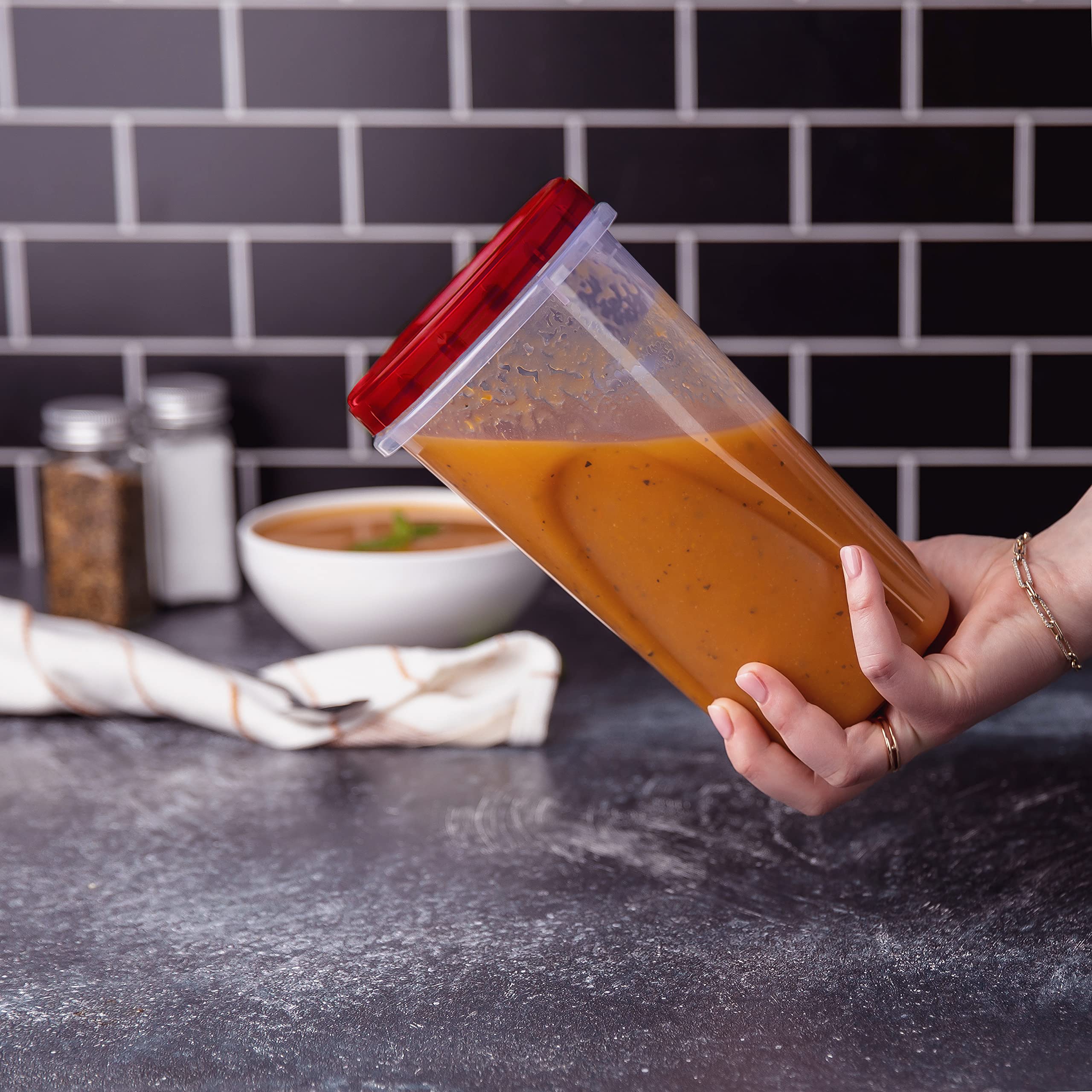 PLASTICPRO 48 Ounce Twist Top Deli Containers Clear bottom With Red Top Twist on Lids Reusable, Stackable, Food Storage Freezer Container Pack of 4