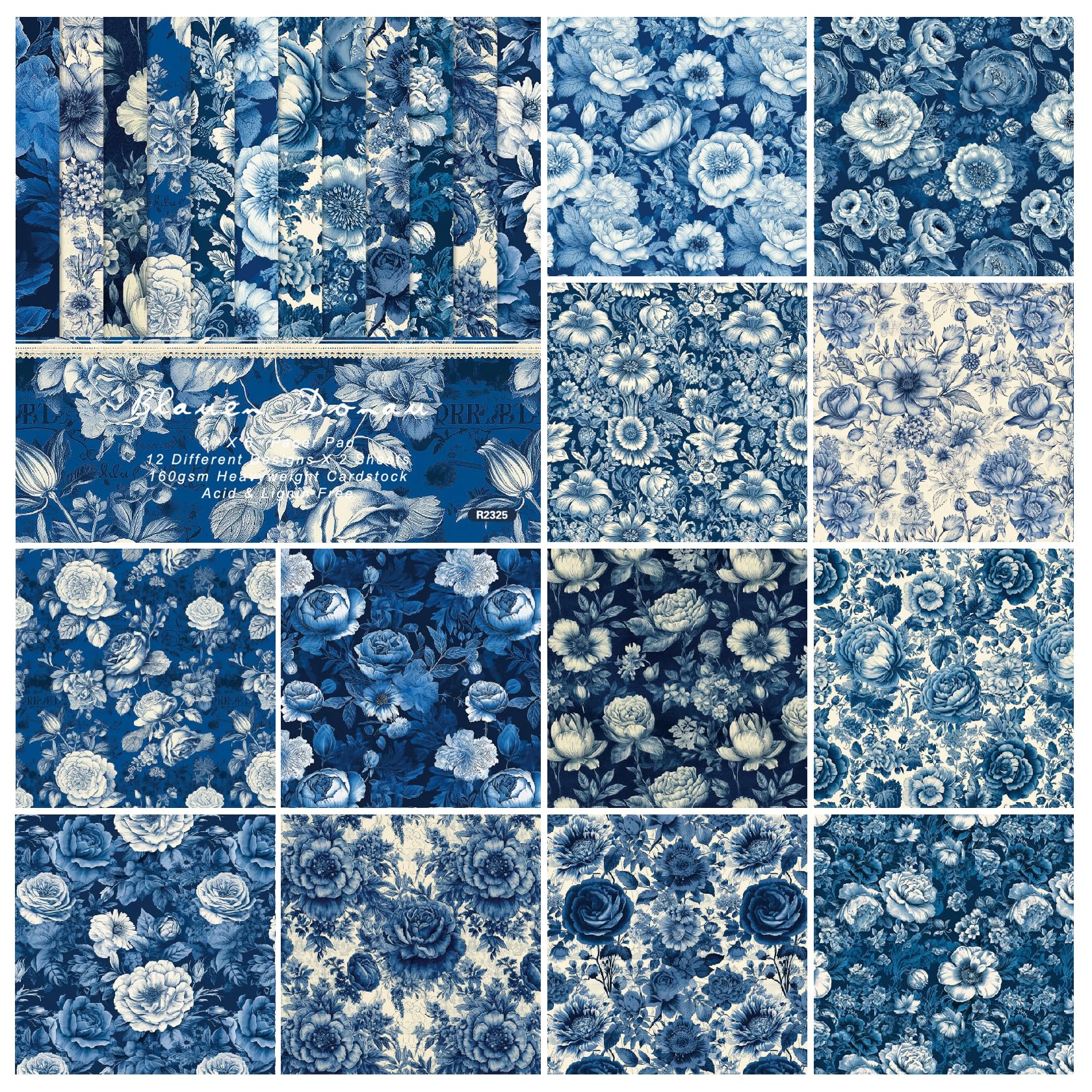 Papel para álbumes de Recortes, Papel con Estampado de Flores Azules de una Sola Cara, 6" x 6", 48 Hojas, 12 diseños, Papel Decorativo for Manualidades, Fotos de Bricolaje(Blue)
