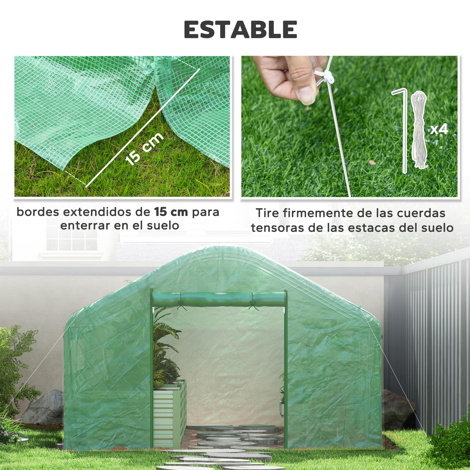 Outsunny Invernadero de Exterior 4x3x2 m Invernadero de Túnel con 2 Ventanas Cubierta de PE Anti-UV y 1 Puerta Enrollable con Cremallera Invernadero para Jardín Patio Verde