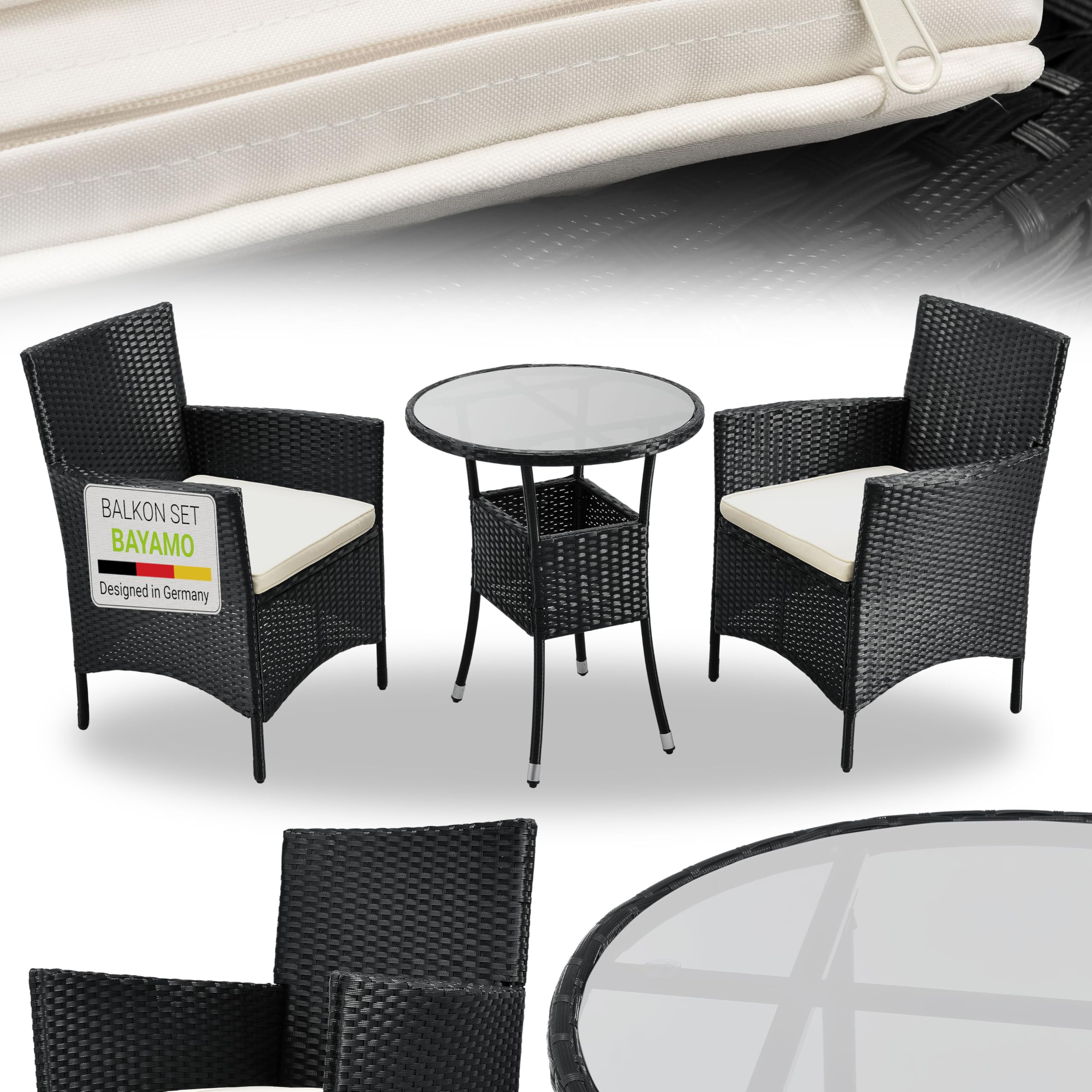 Juskys Polyrattan Balkonset Bayamo 3-teilig - Balkonmöbel wetterfest mit Tisch, 2 Stühle & Kissen - Gartenmöbel Set für 2 Personen - Schwarz/Creme