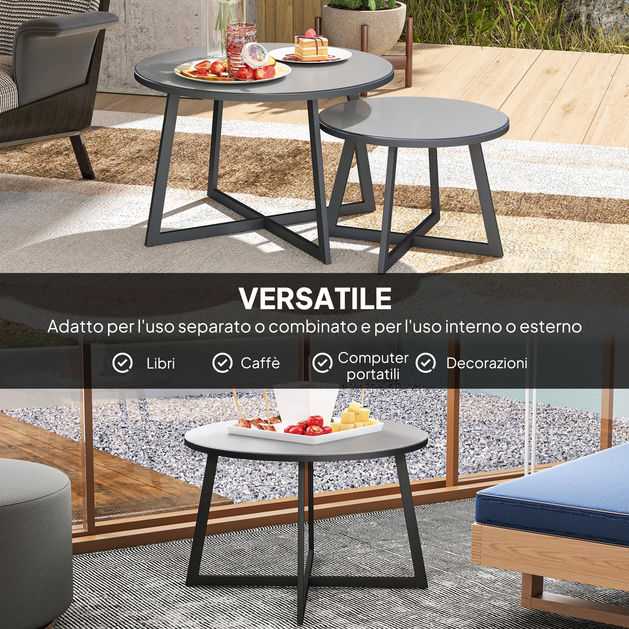 Outsunny Set 2 Tavolini da Giardino, Coppia di Tavolini da Caffè per Esterni con Piano in Vetro Temperato, Struttura in Acciaio, per Balcone e Terrazzo, Ø70x45 cm e Ø50x35 cm, Grigio e Nero