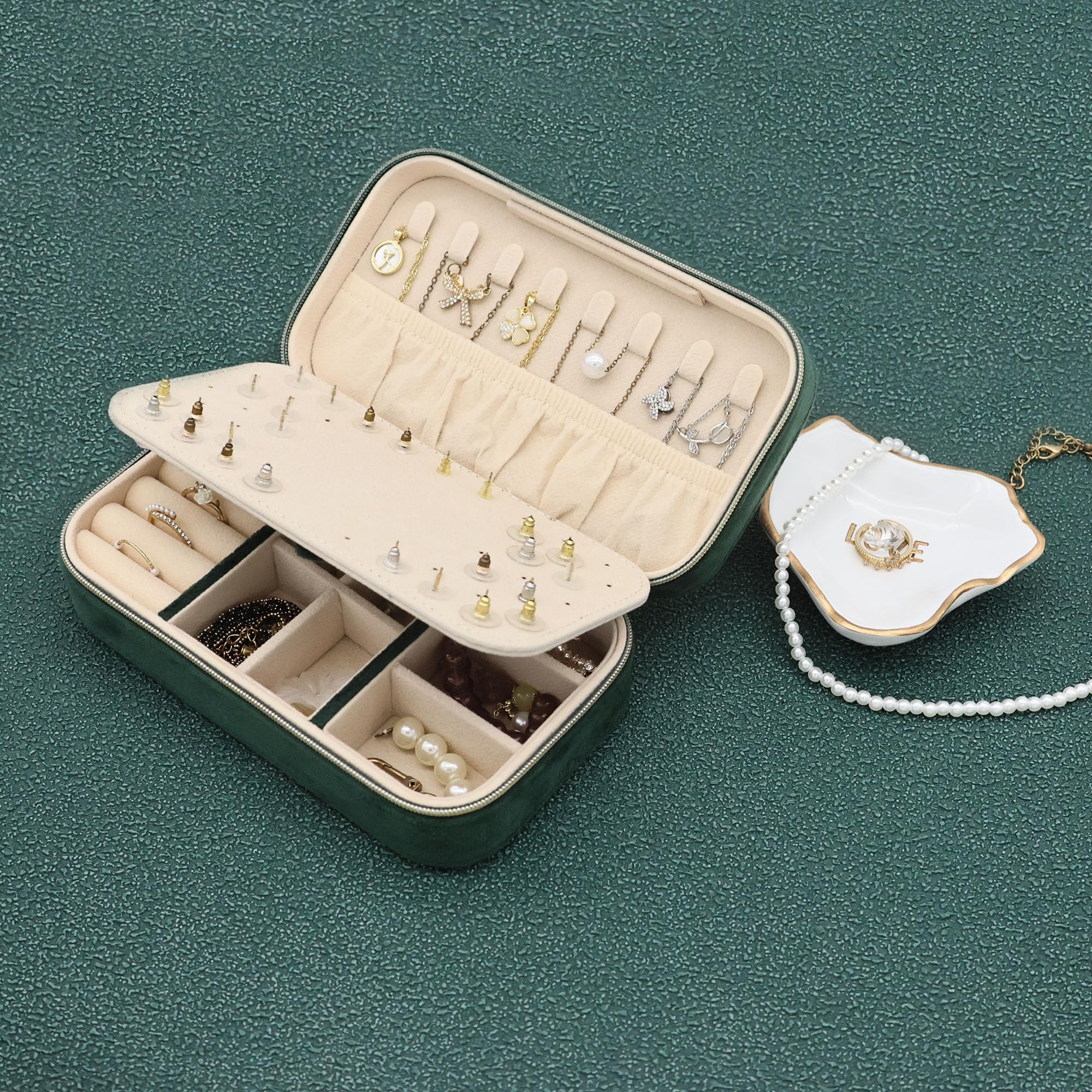 Boxudeli Porta gioielli da viaggio, portagioie piccolo in velluto con specchio per ragazze e donne, organizer portatile per riporre orecchini, anelli e collane (verde scuro)