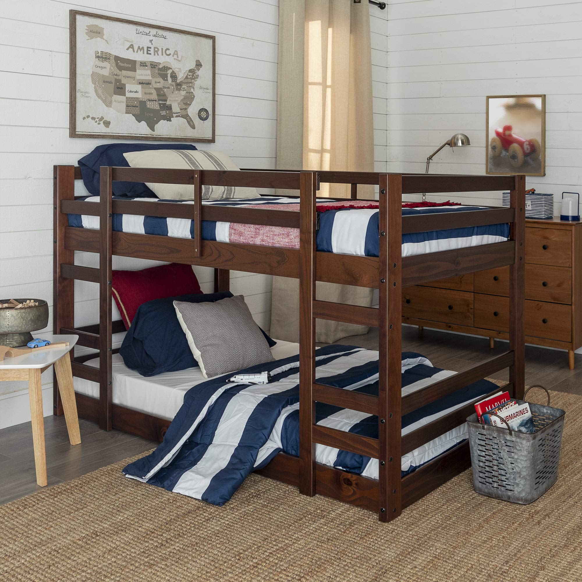 Walker Edison Alexander Classic Solid Wood Stackable Jr Twin over Twin Bunk Bed, Twin over Twin, Walnut