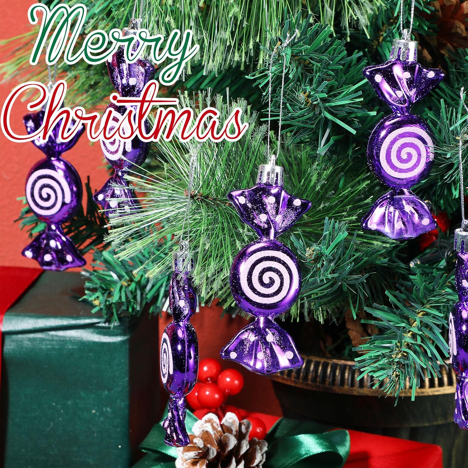 Threan 12 Pcs Christmas Candy Ornaments for Tree Decoration Hanging Glitter Candy Cane Christmas Peppermint Ornament with Golden Rope for Xmas Holiday Decoration(Purple,Plastic) image 3
