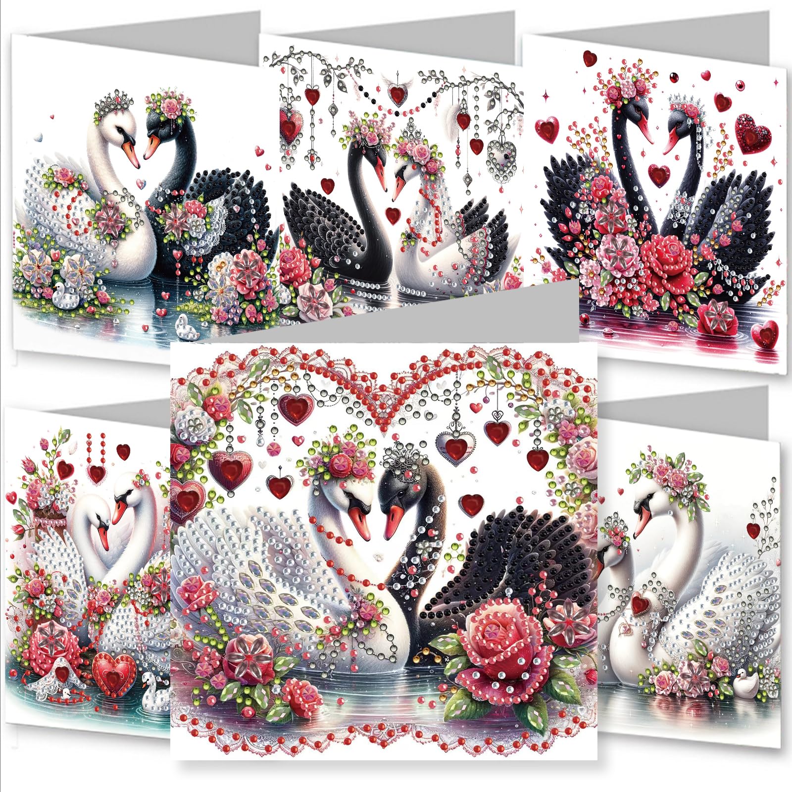 YEESAM ART 6pcs Diamond Art Valentine's Day Cards Kits Swan Love Song, DIY Crystal Painting Art Greeting Cards Sets with Diamond Painting Tools Envelopes Xmas Anniversary Mosaic Festival Craft Gift