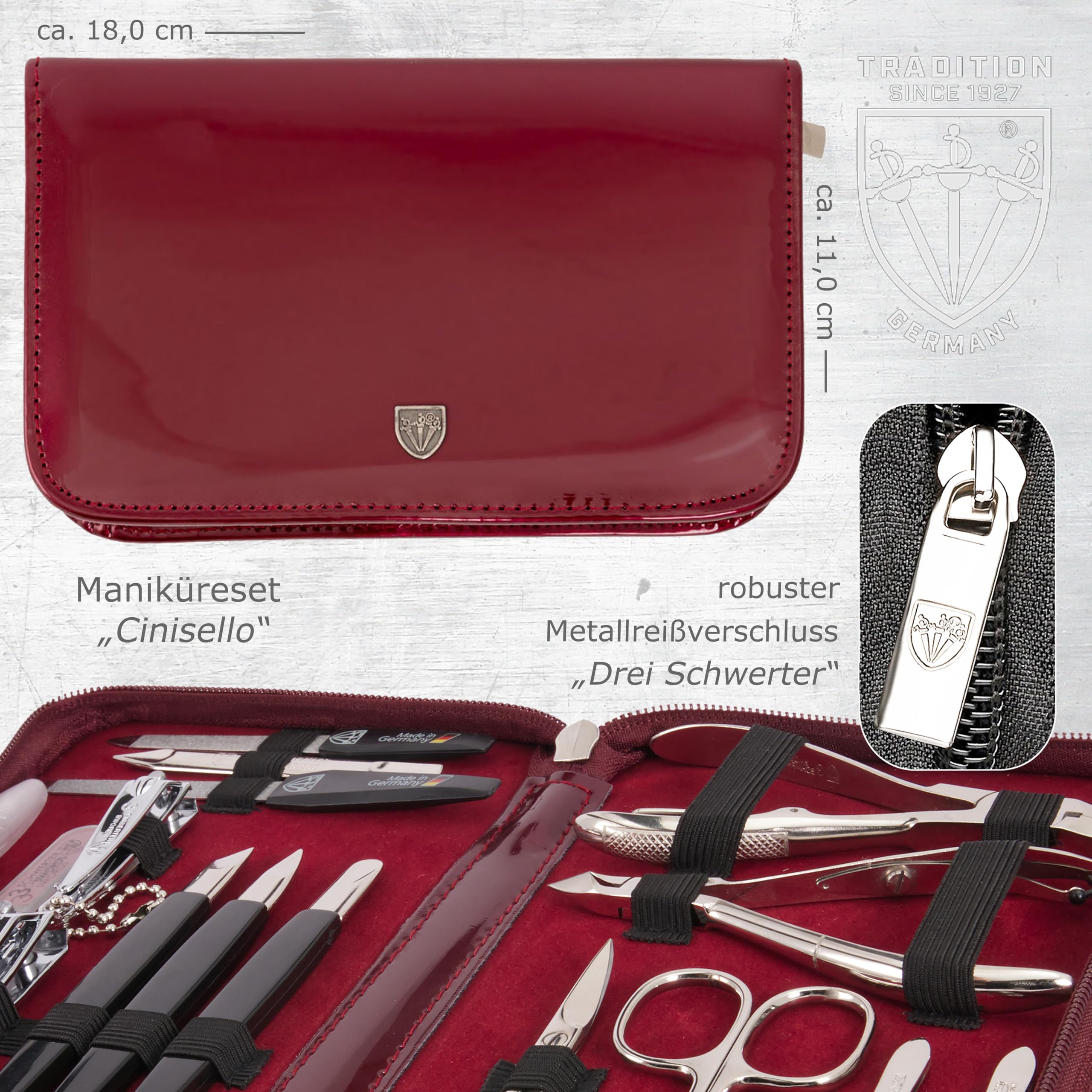DREI SCHWERTER - 16-częściowy zestaw do manicure i pedicure "Cinisello" | Wysokiej jakości etui na paznokcie ze sztucznej skóry do pielęgnacji dłoni i stóp. Kolor: czerwone wino | Zawartość: nożyczki