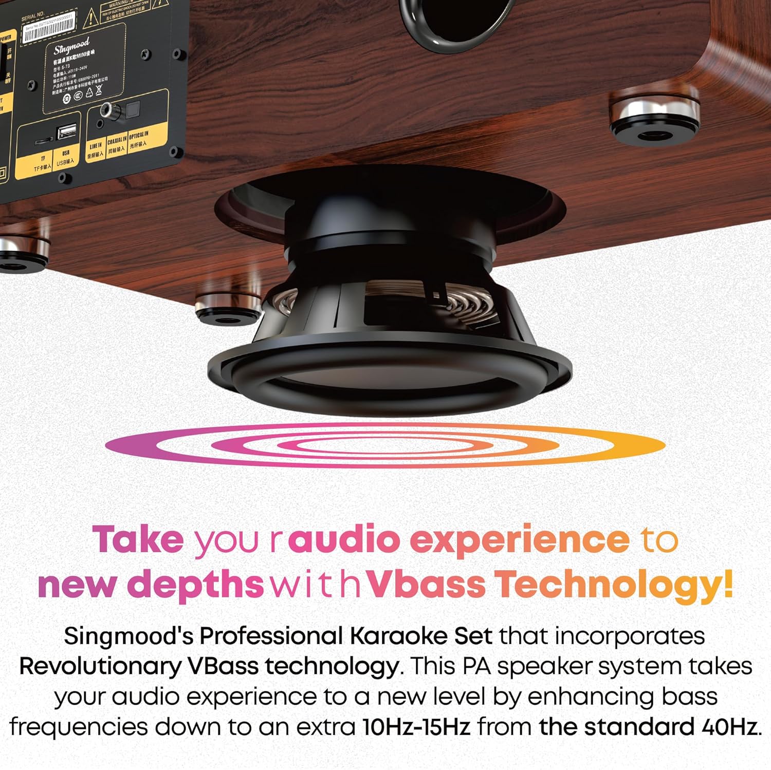 Karaoke Machine with 2 UHF Mic Subwoofer Home Theater Audio Sound Bar Support Optical/Bluetooth/AUX/USB/PC Wooden Karaoke Singing Machine for TV, Home, Karaoke, Singing Party, Christmas (S-73) - Image 6