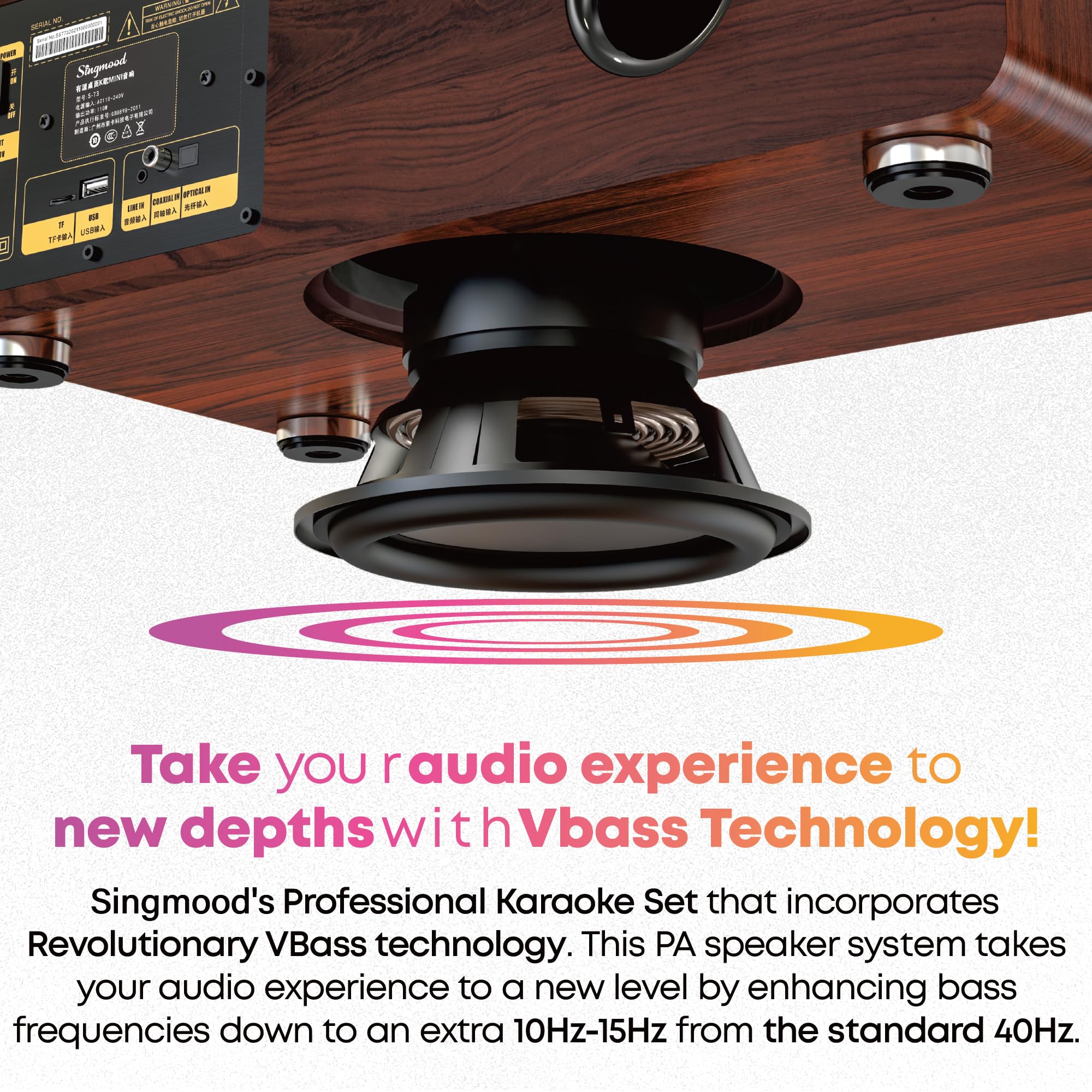 Karaoke Machine with 2 UHF Mic Subwoofer Home Theater Audio Sound Bar Support Optical/Bluetooth/AUX/USB/PC Wooden Karaoke Singing Machine for TV, Home, Karaoke, Singing Party, Christmas (S73)