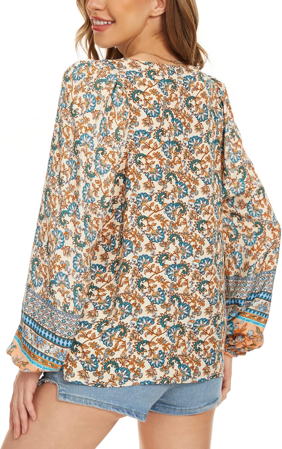 Vogebund Women's Floral Boho Tunic Tops Casual Long Sleeve Loose Beach Blouses Self-Tie V Neck T Shirts - Image 5