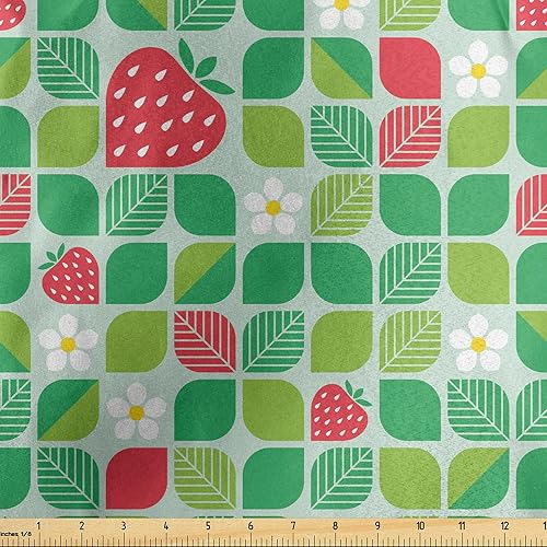 Ambesonne Spring Fabric by The Yard, Repetitive Daisy Strawberry Leaves Blossoms Illustration, Decorative Satin Fabric for Home Textiles and Crafts,