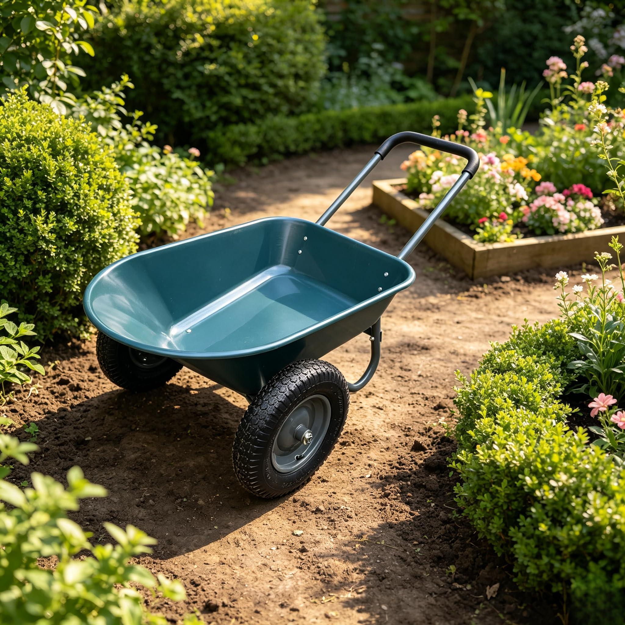 Brouette de Jardin Robuste 600 LB, 2 Roues avec béquille intégrée - Benne basculante, dépuissancement Rapide - bac Poly antirouille - Coloris: Vert Militaire (Army Green) - Double Roues