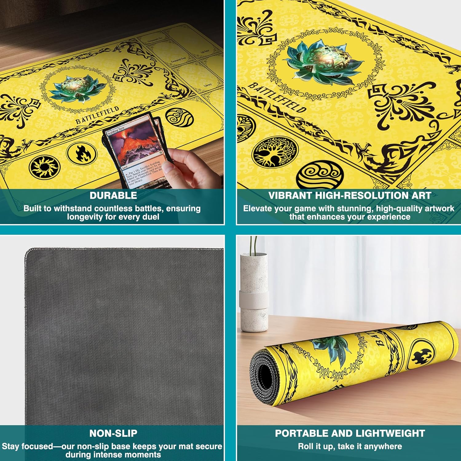 PROMAXIBINDER MTG Playmat with Magic Zones, 24x14in Playmat for Magic The Gathering, Commander Card Game Battles, Durable & Stain-Resistant Duel Mat for Beginners & Pros Non-Slip, Soft Surface, Yellow