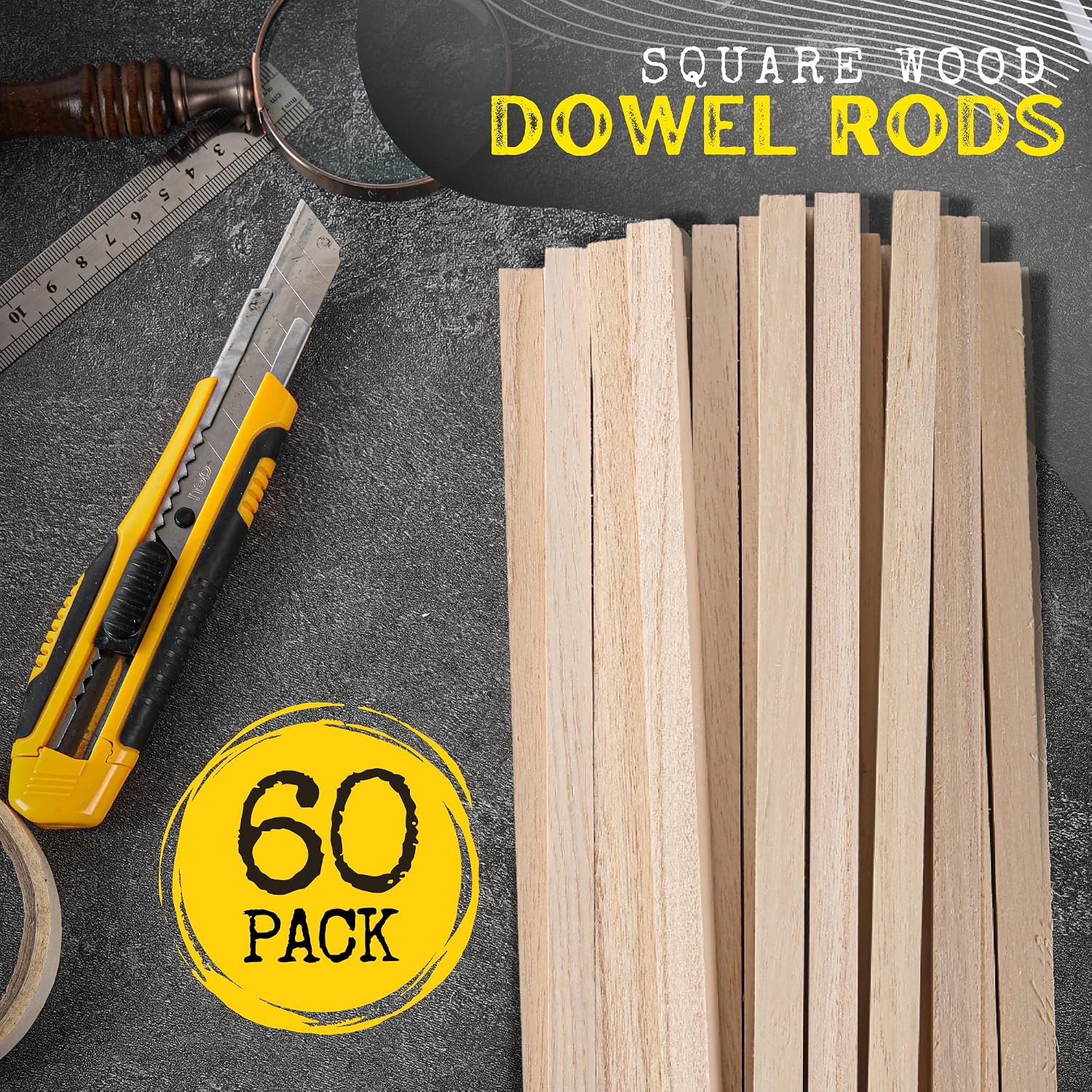 (60-Pack) 12” x 1/2” x 1/2” Square Wood Dowel Rods - Hardwood Square Sticks for DIY Projects - Smooth Paint-Ready Unfinished Dowel Rod Surface - Sturdy Wooden Dowels with Versatile Uses