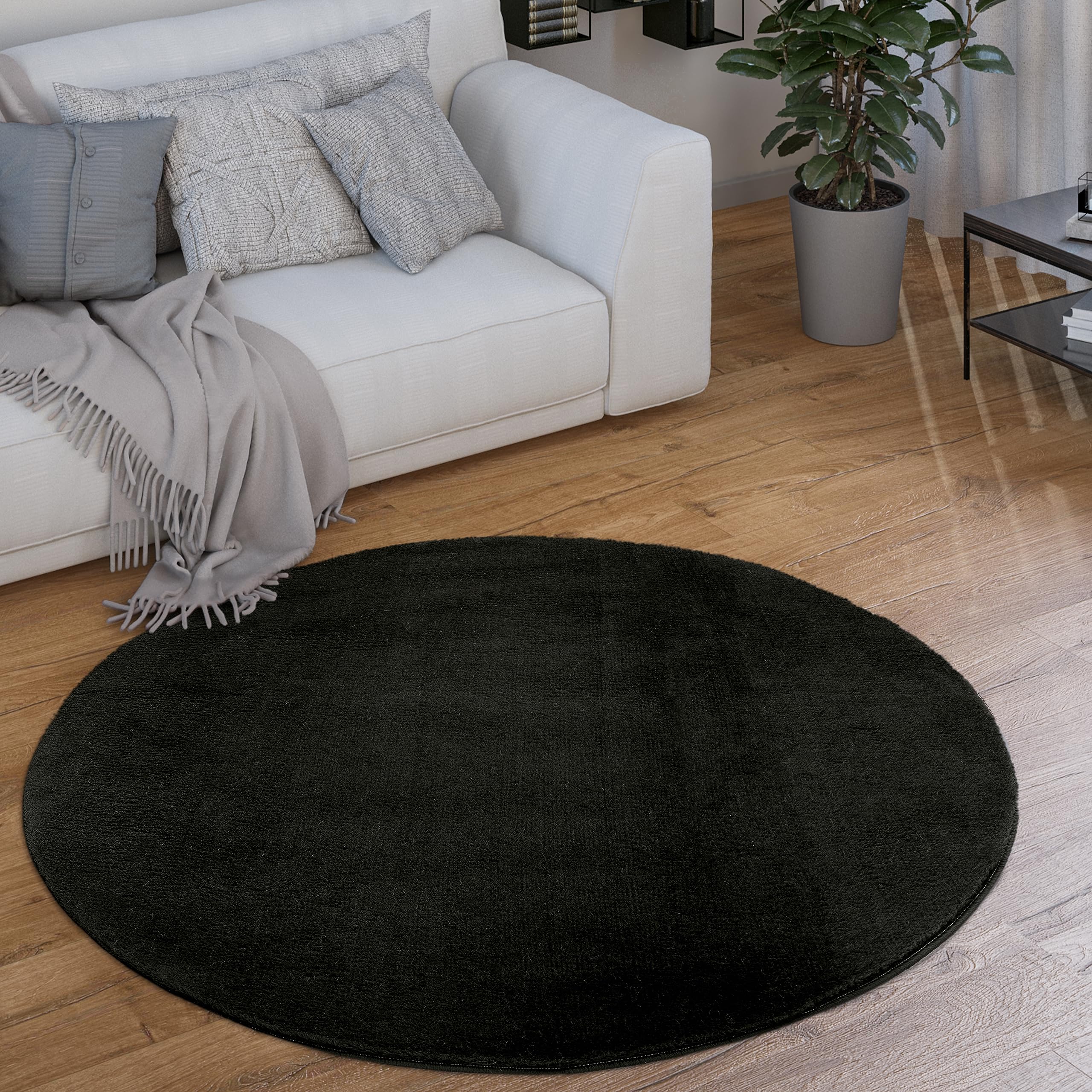 Alfombra Redonda Salón Pelo Corto Moderna Mullida Lavable Monocolor, tamaño:Ø 120 cm Redon, Color:Negro