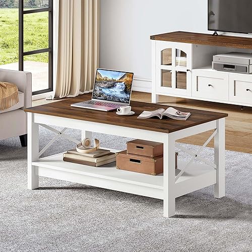 Miniatura 10 de YITAHOME Mesa de centro redonda de mármol blanco con vidrio, mesas de centro negras para sala de estar, mesa de centro circular de 2 niveles con